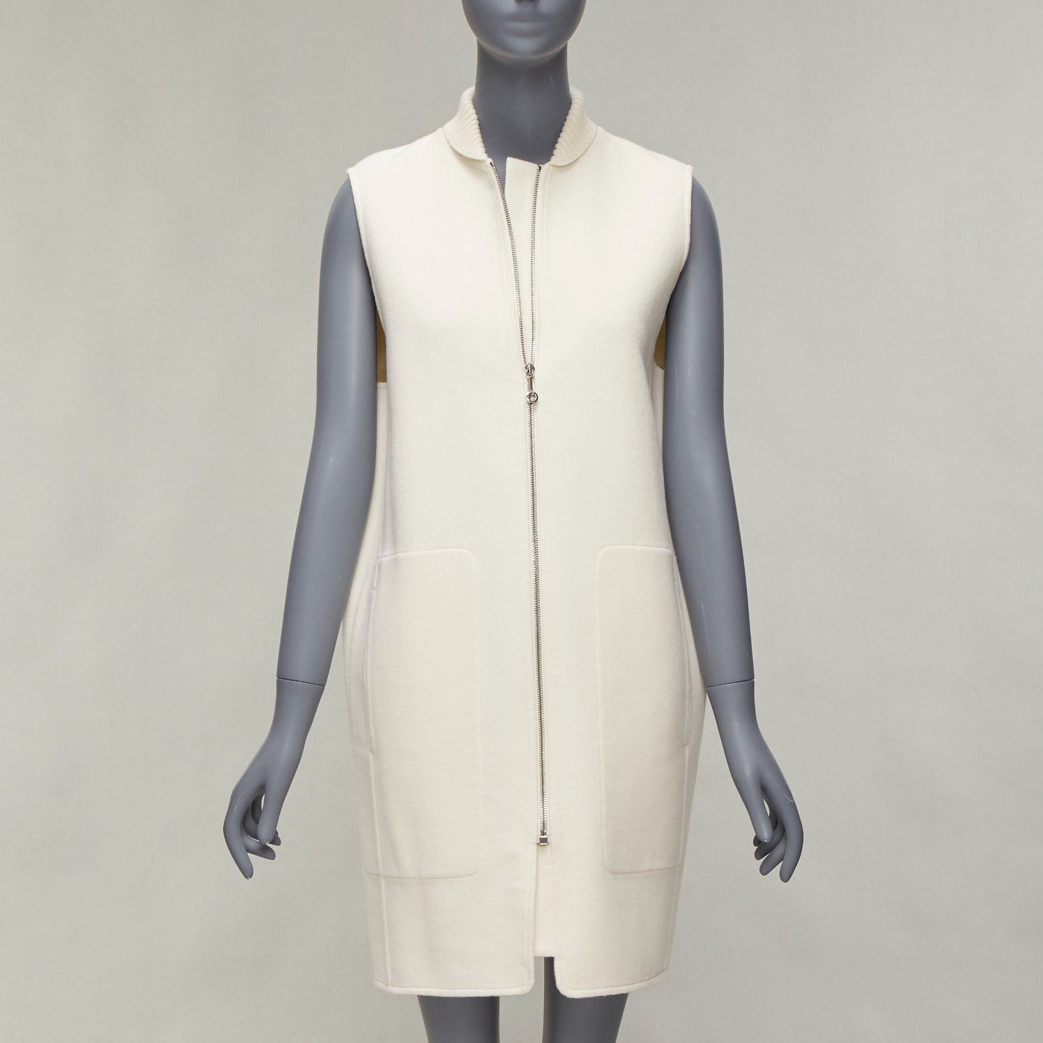 Hermes HERMES 100% cashmere cream applique back ribbed zip sleeveless coat FR34 XS Size XS / US 0-2 / IT 36-38 - 1 Thumbnail