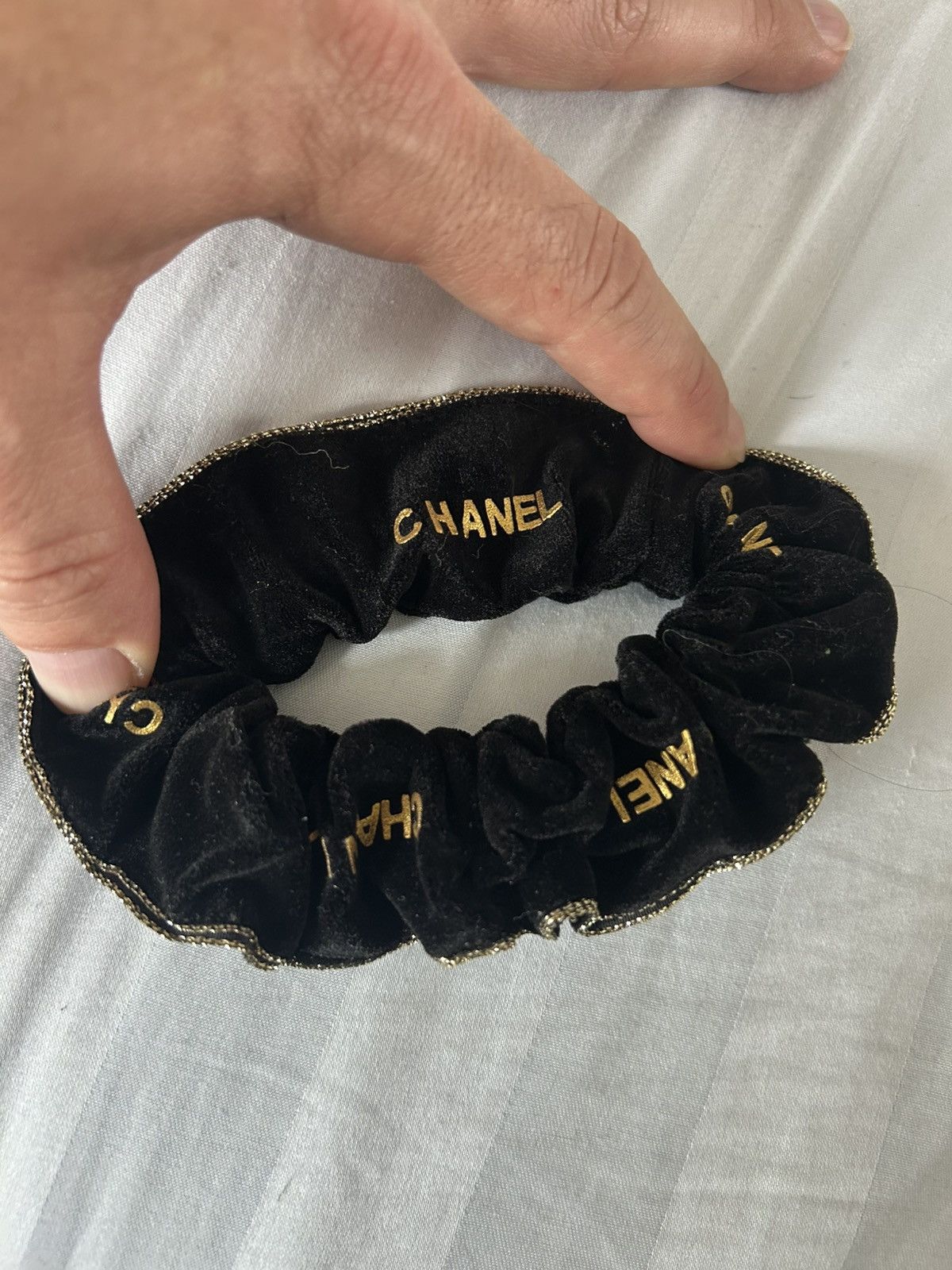 【CHANEL】Lettering CC Logo Twilly Scrunchie Hairband CHANEL Hair Tie Scrunchie 23S Black Rhinestones Fabric CC