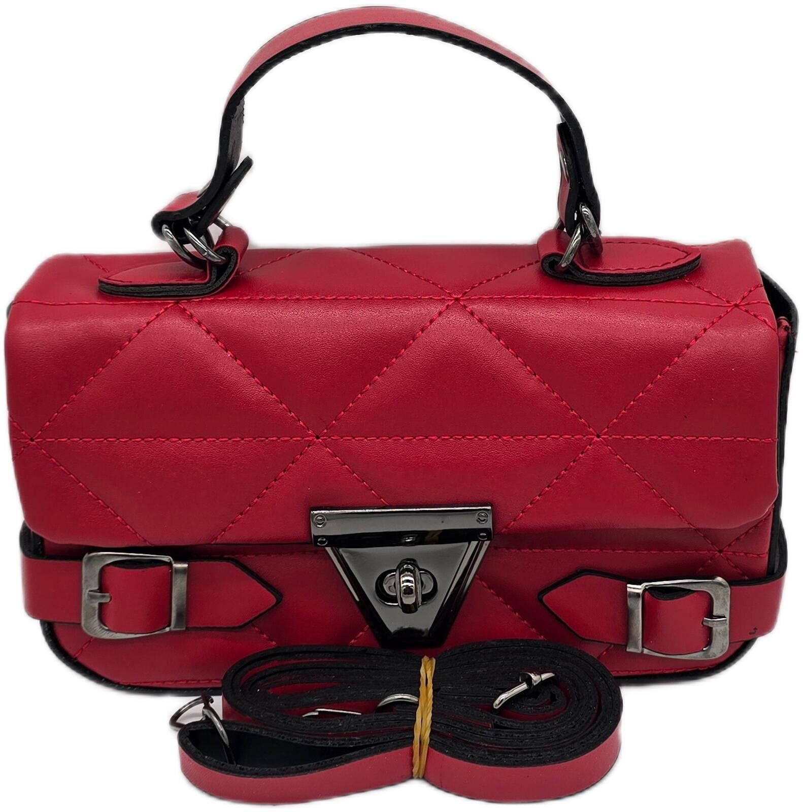 Unknown London Red Quilted Faux Leather Handbag with Silver Buckle Size ONE SIZE - 5 Thumbnail