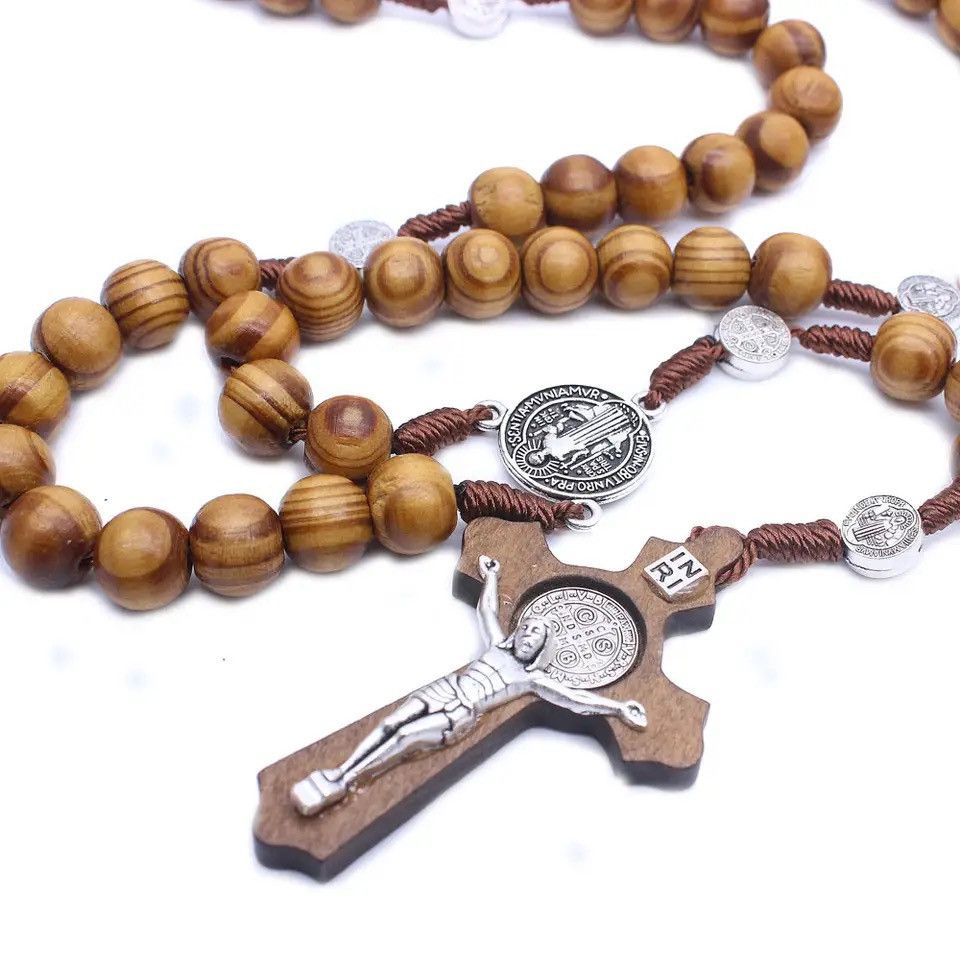 Jewelry × Vintage Trendy Brown Wooden Rosary Necklace Catholic Cross Pendant Size ONE SIZE - 4 Thumbnail