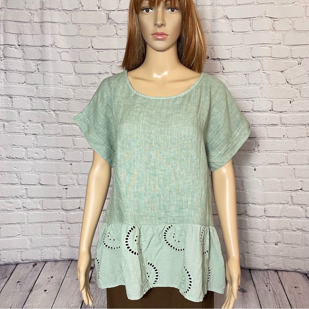 Other NWT New Terzo Millennio Sage Eyelet-trim Linen Top Made in Size S / US 4 / IT 40 - 1 Thumbnail
