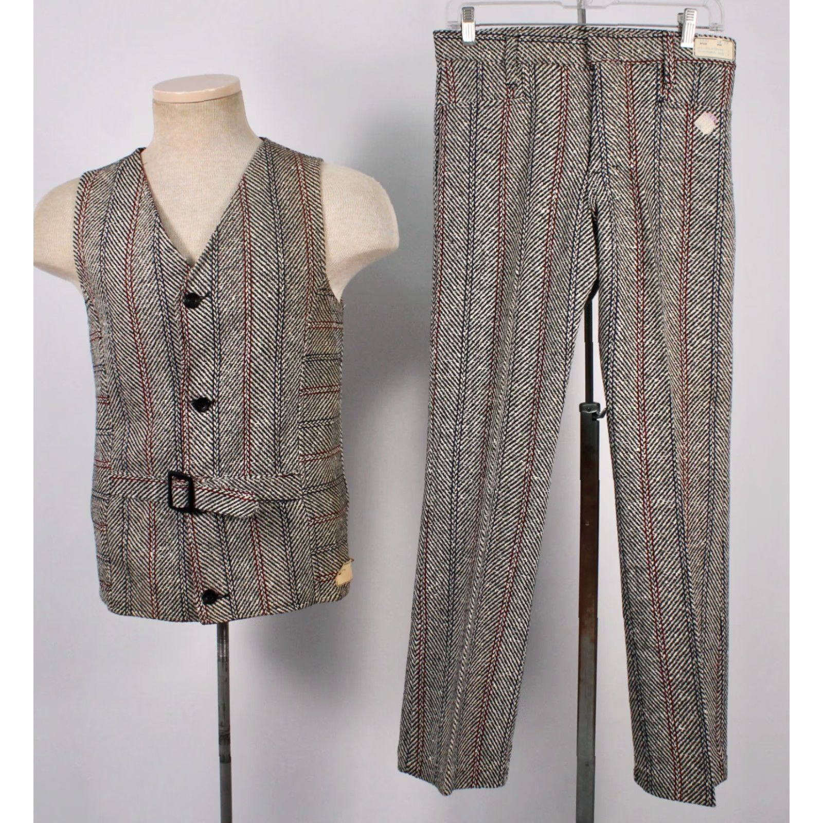 Vintage VTG 60s Boy's Vest Outfit Tweed Tunic Pants Set Black White Red Size 18 1960s Classic Vintage Boys Clothing Size 48R - 2 Thumbnail