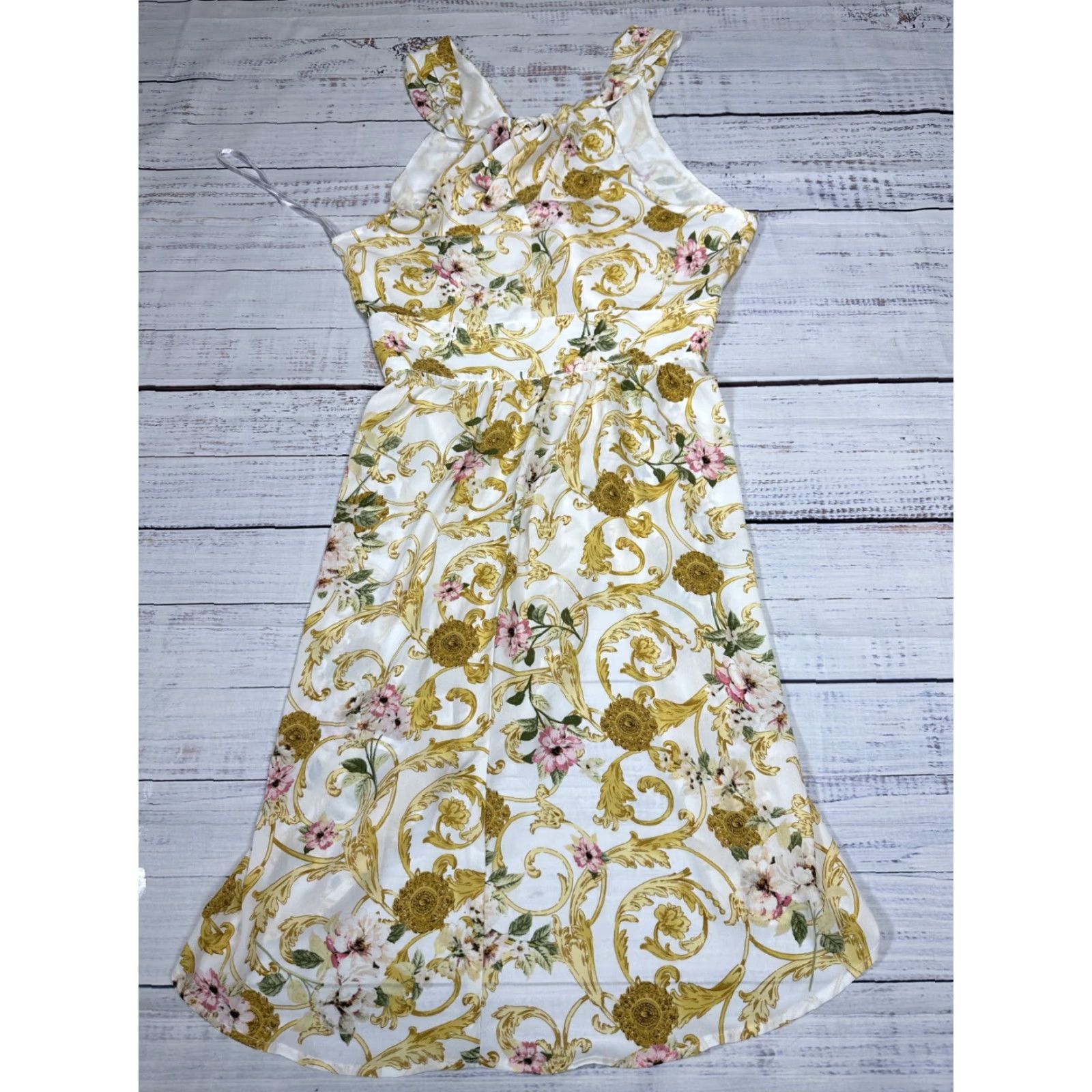 Vintage SOHO White Gold Floral Halter Dress Sleeveless Knee Length Party Cocktail M Womens NWT Size M / US 6-8 / IT 42-44 - 3 Thumbnail