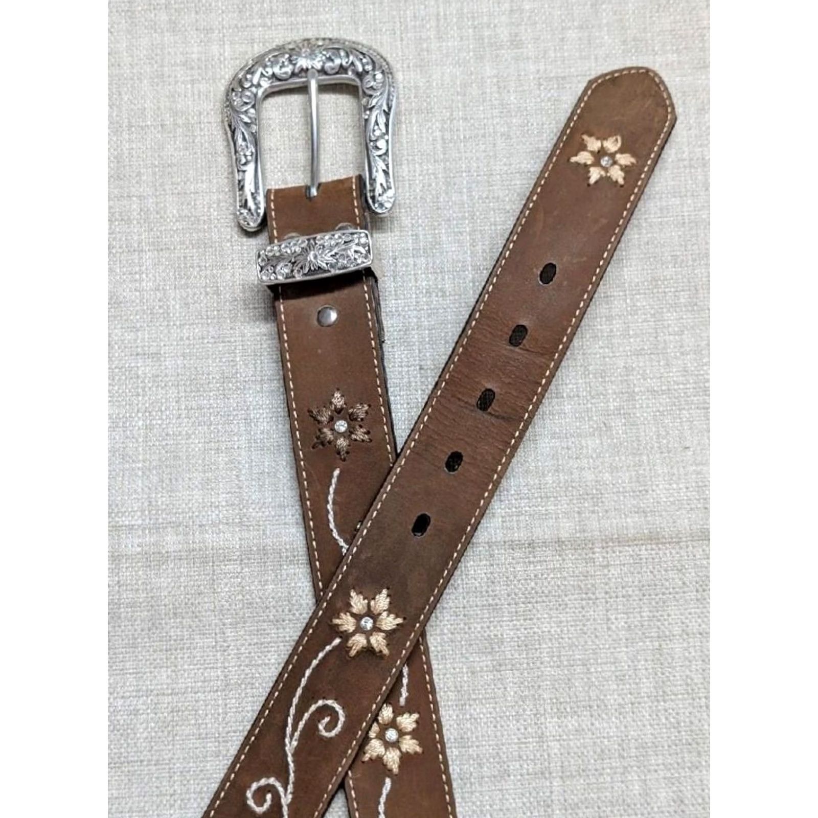 Vintage VINTAGE Nocona belt western buckle belt 38 brown leather embroidered rhinestone crocodile pattern Unisex Adults Belt Men Women Size 38 - 3 Thumbnail