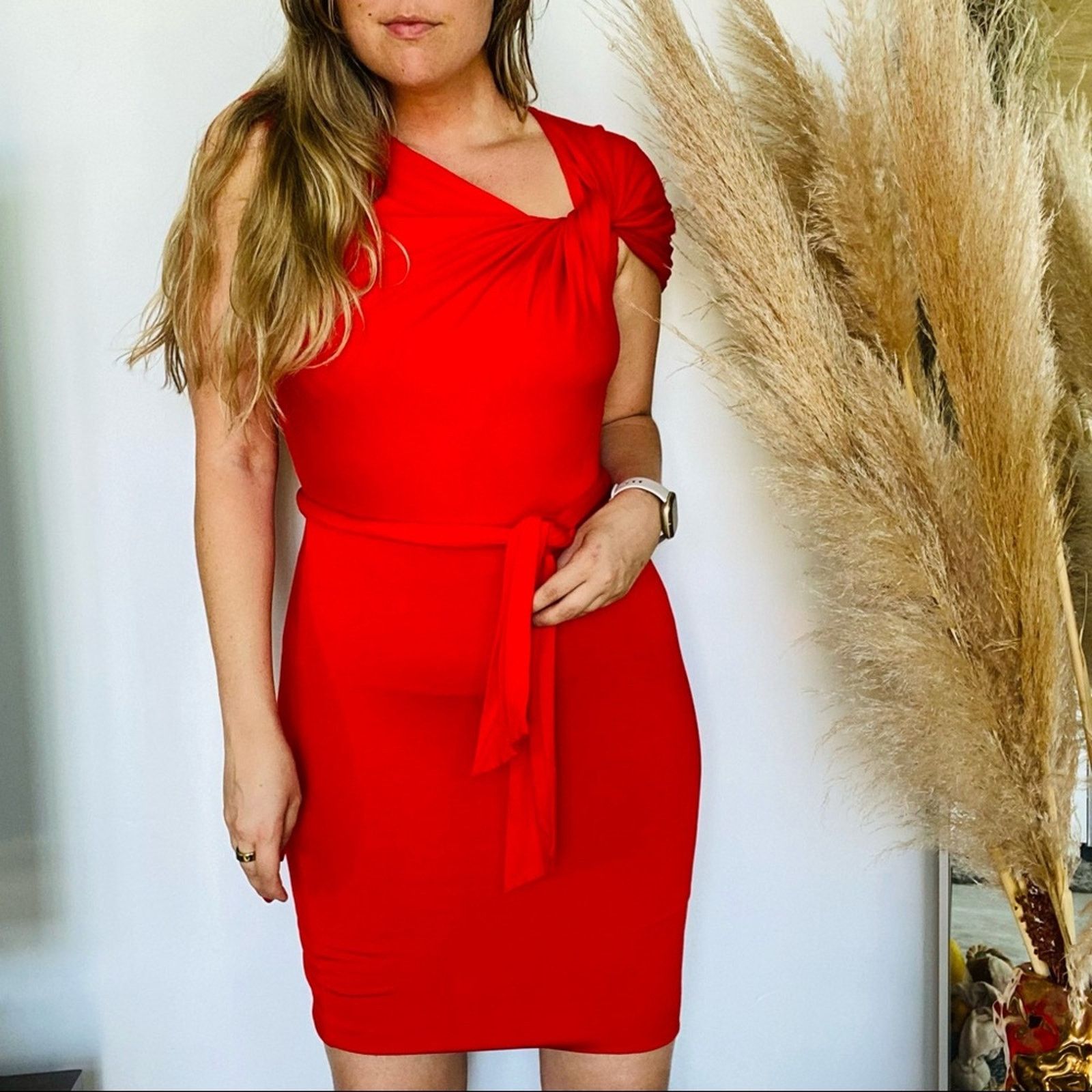 TRINA TURK Nordstrom Red Bodycon Twist Neck Tie Midi Dress