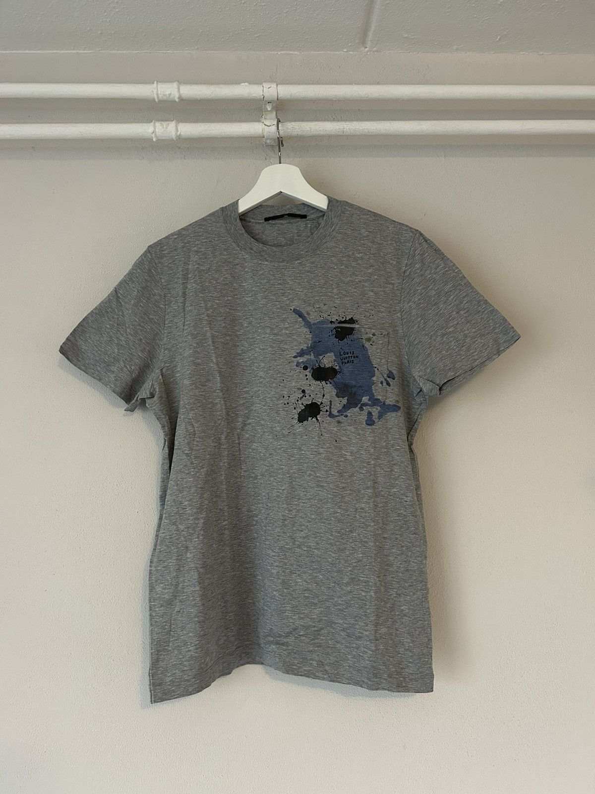 image of Louis Vuitton Grey Paint Splatter Logo T-Shirt, Men's (Size Small)