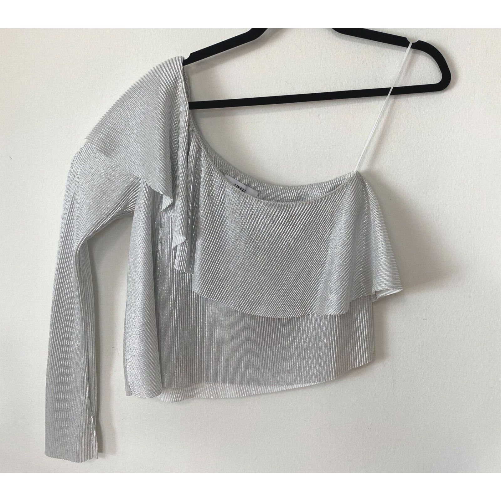 LIKELY Silver Striped Ribbed One Shoulder One Sleeve Ruffle Top S Size S / US 4 / IT 40 - 1 Thumbnail