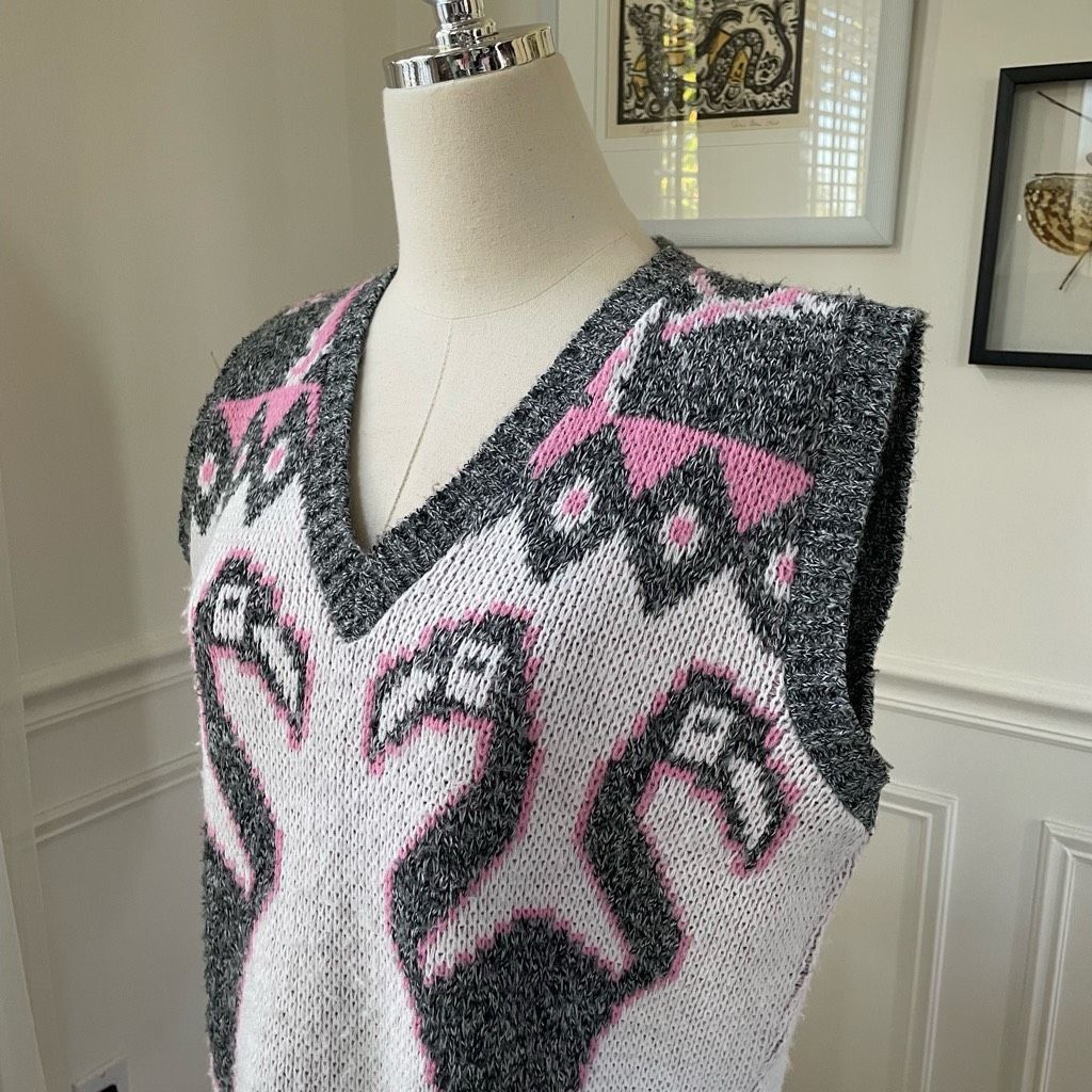 Vintage Vintage 80s Jolie Flamingo Pink Grey White Sweater Vest M Size M / US 6-8 / IT 42-44 - 4 Thumbnail
