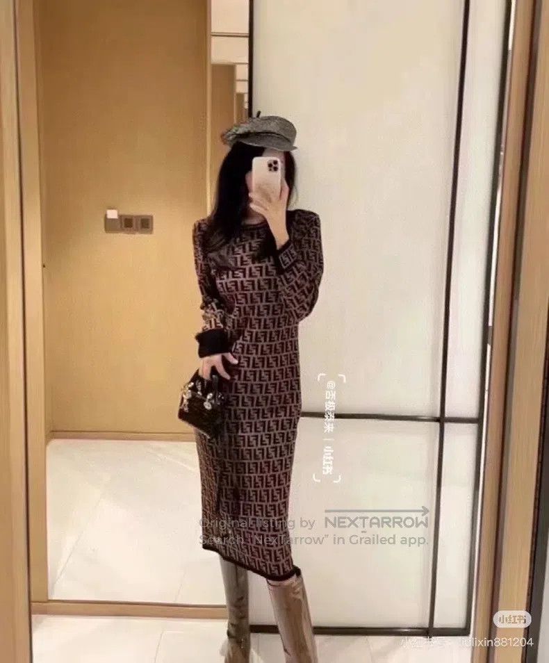 Fendi Fendi Brown Monogram Printed Knitted Dress, Slim-Fit, Body Size 4XL / US 24-26 - 8 Thumbnail