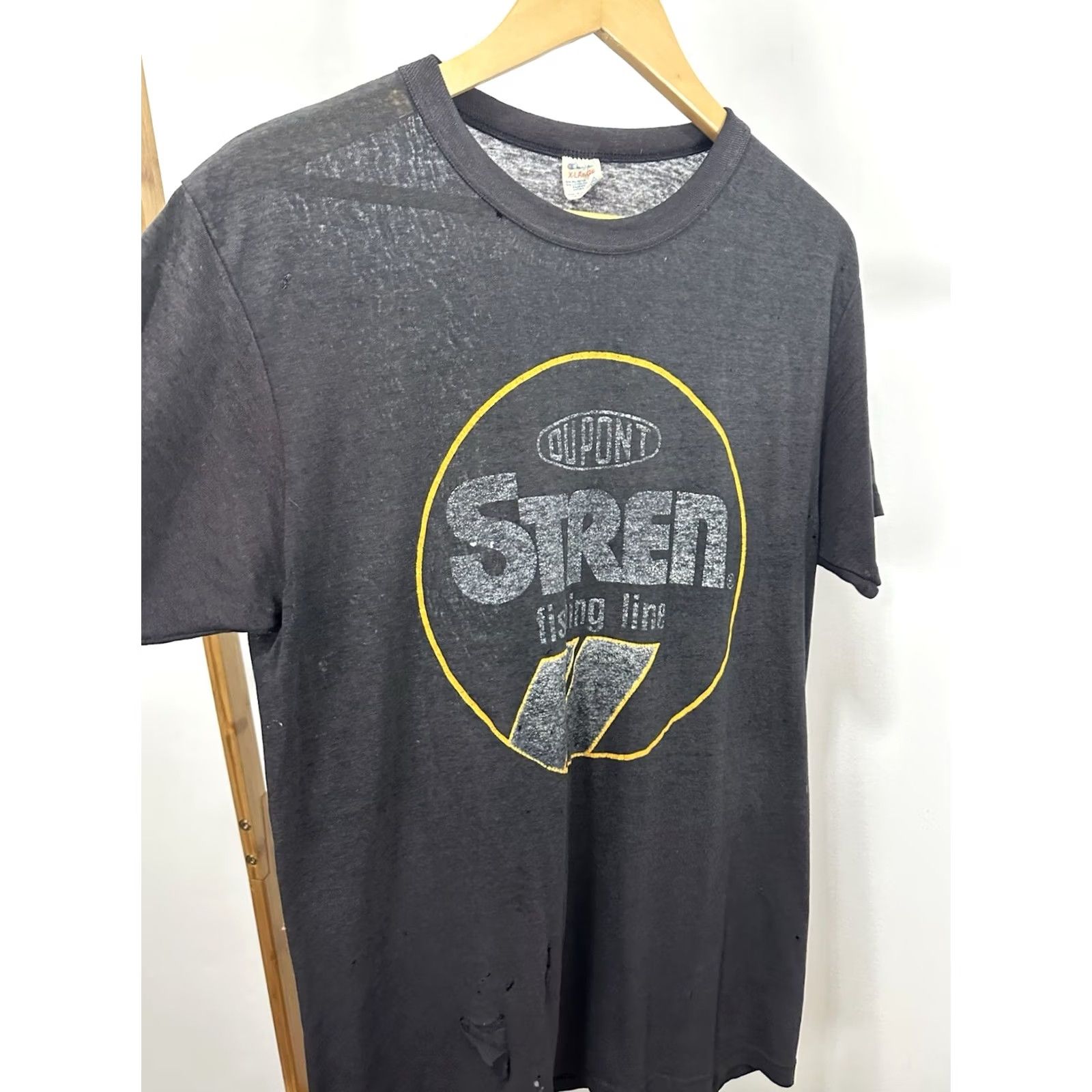 Champion VINTAGE Champion Stren Fishing Paper Thin Burnout Worn Thrashed T-Shirt XL Black Mens Size US XL / EU 56 / 4 - 5 Thumbnail