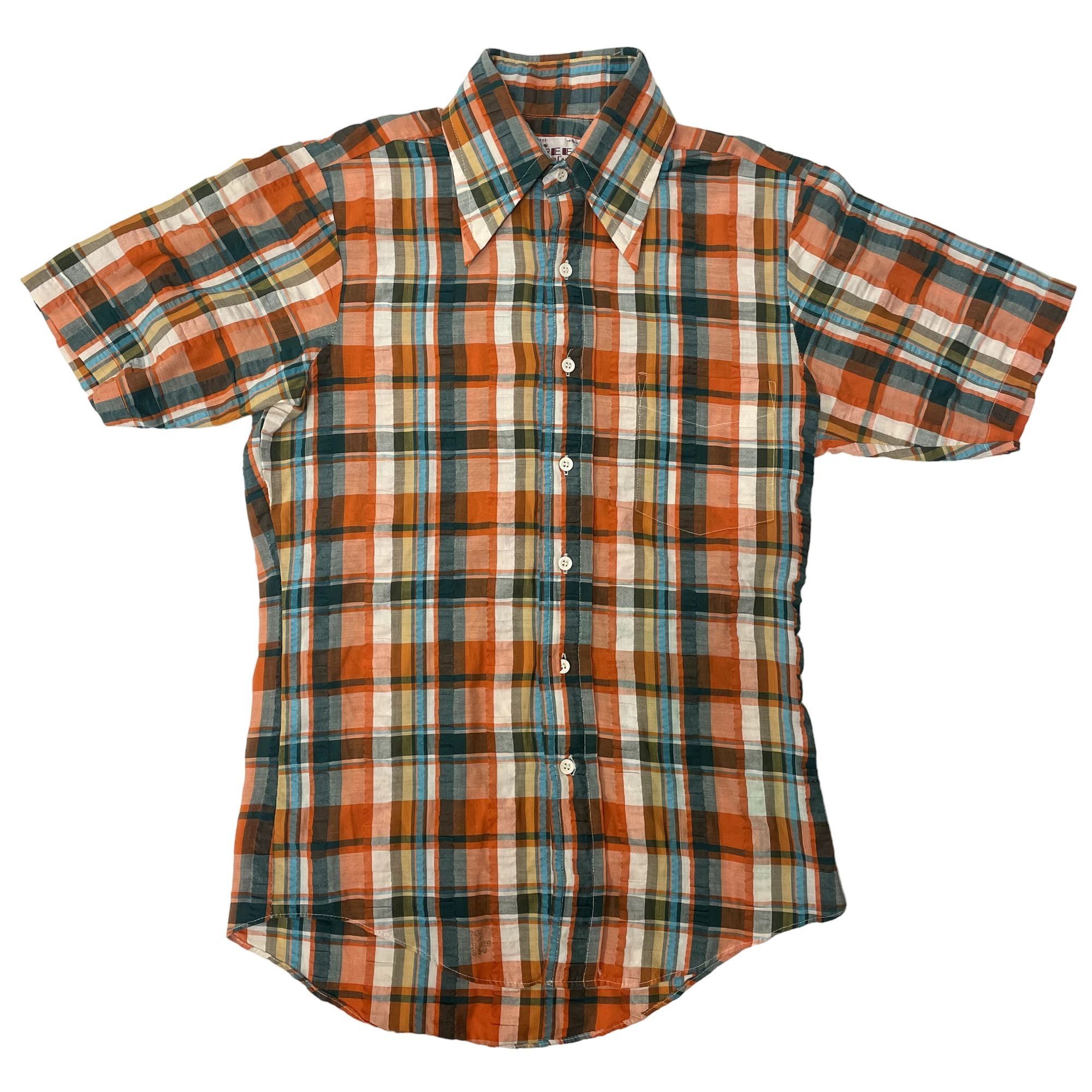 image of Unkwn 70's Campus Orange Tartan Plaid Seersucker Disco Shirt in Orange Blue, Men's (Size Small)