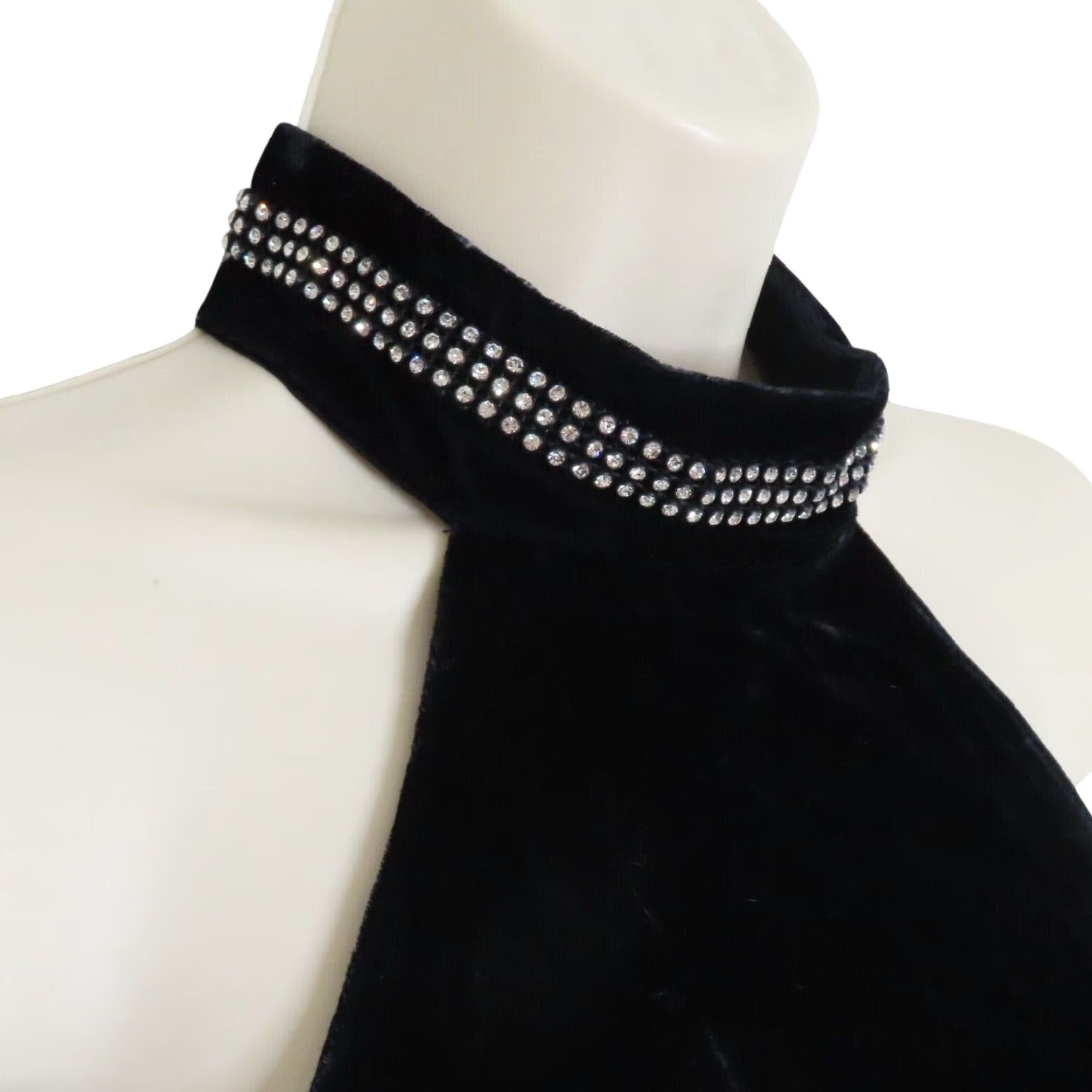 Velvet VINTAGE Hampton Nites Women 8 Black Velvet High Neck Rhinestone Collar 1990s NEW Size M / US 6-8 / IT 42-44 - 3 Thumbnail