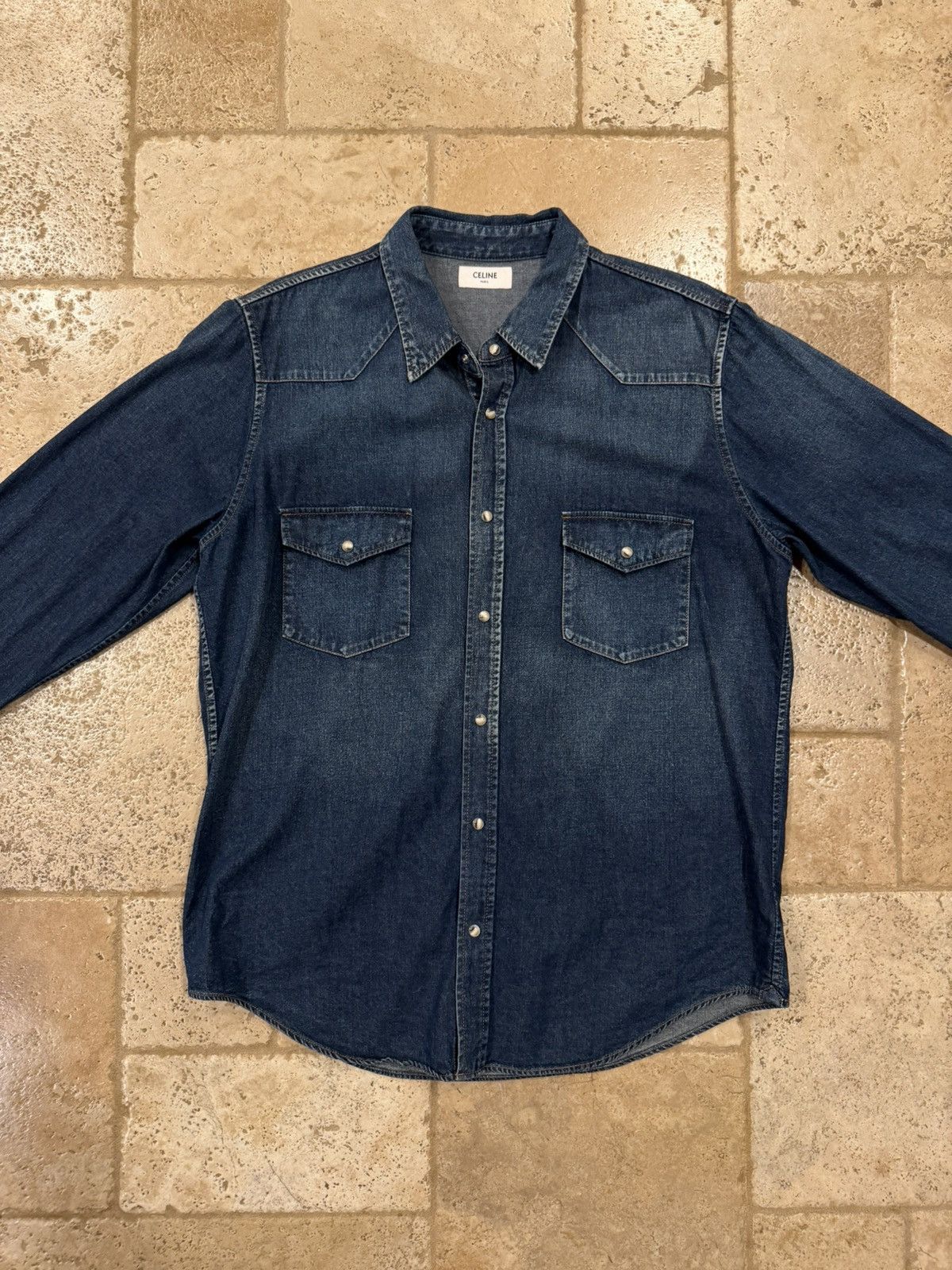 Celine Celine x Hedi Western Stone Wash Blue Denim Button Up Shirt Size US XXL / EU 58 / 5 - 5 Thumbnail