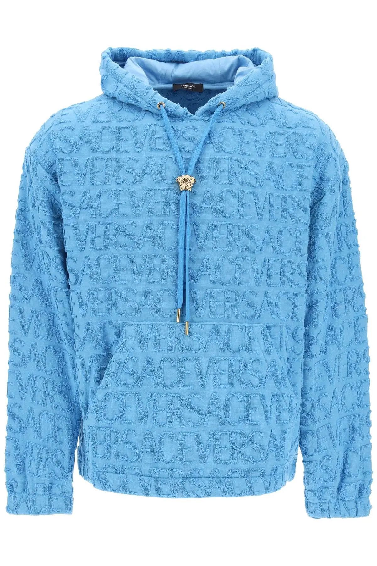 Image of Versace O1S22I1N0124 Allover Cotton Terry Hoodie In Blue in Light Blue, Men's (Size XL)