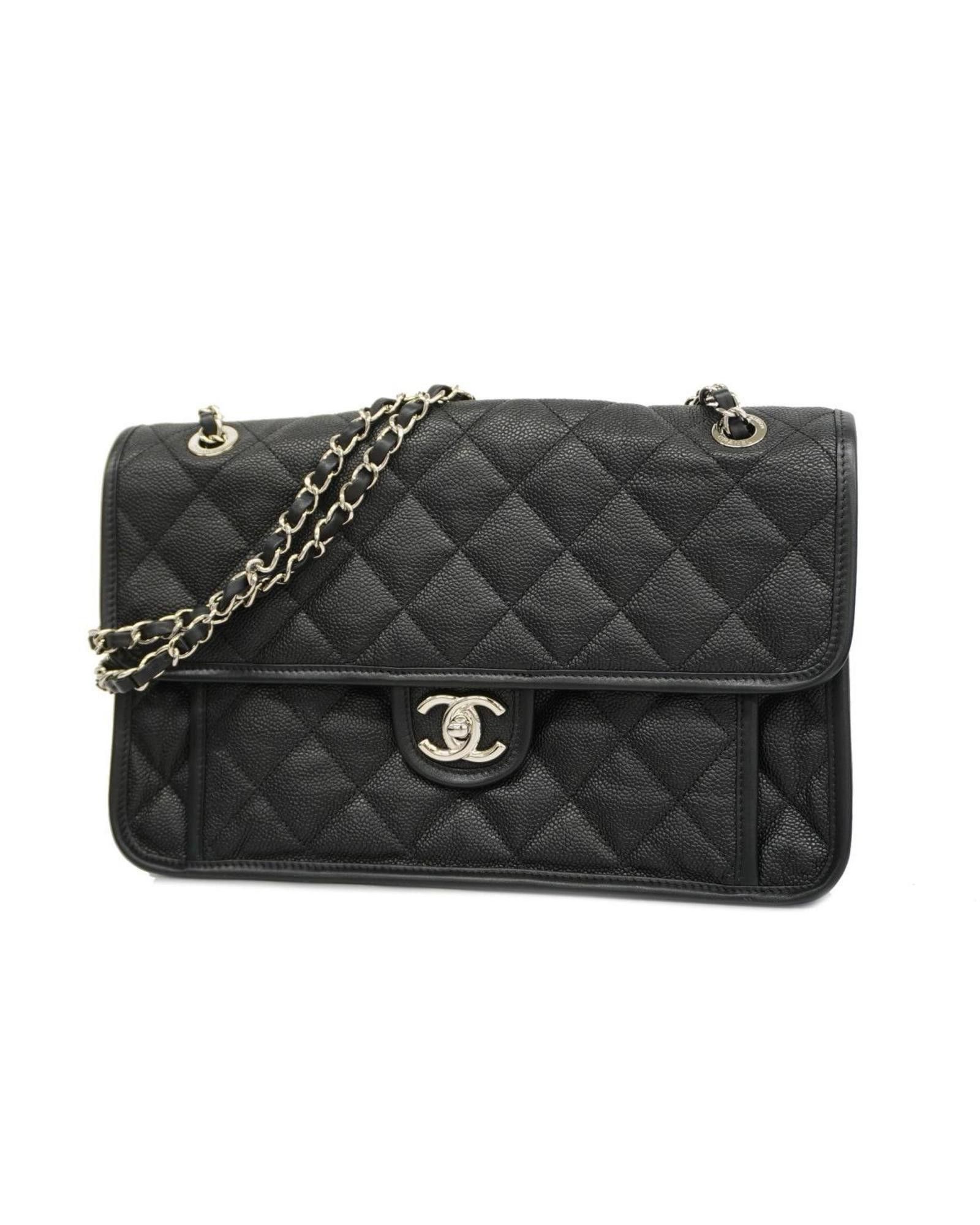 image of Chanel Luxurious Black Leather Shoulder Bag With Silver Hardware, Women's