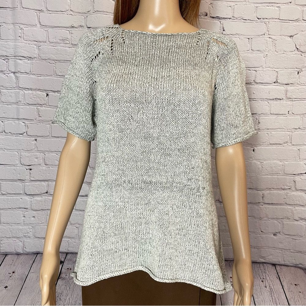 Handmade Hand Knit Linen Blend Short Sleeve Grey Melange Top Size S Size ONE SIZE - 2 Thumbnail