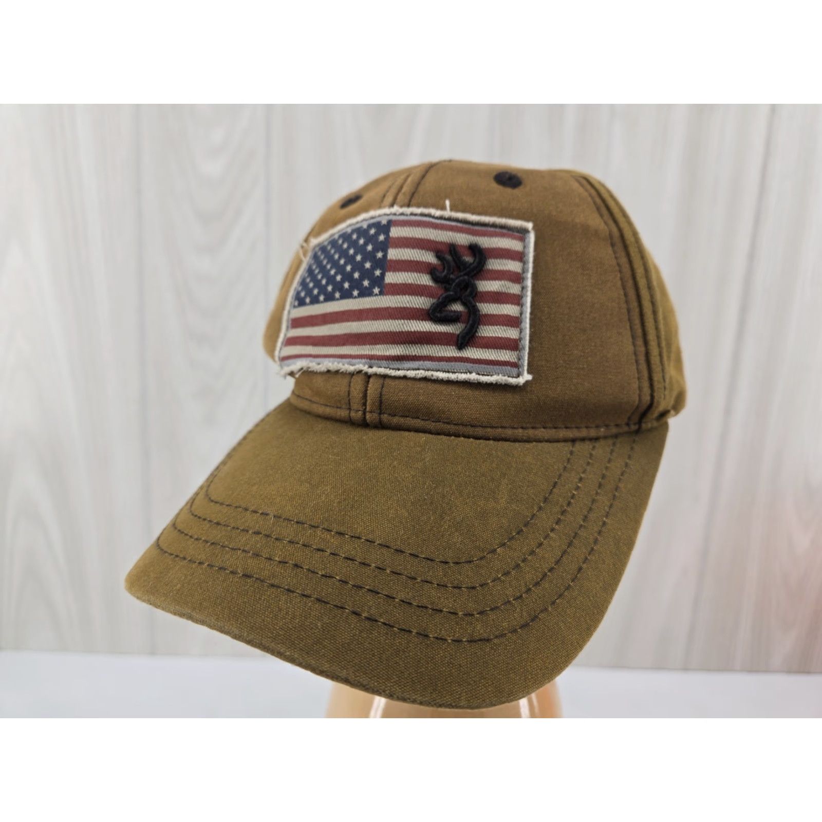 Vintage Browning Hat Cap Strap Back Brown American Flag Patch Embroidered Canvas Mens Baseball Cap Adjustable Strap Back USA Hunting Outdoor Patriotic Mens Size ONE SIZE - 2 Thumbnail