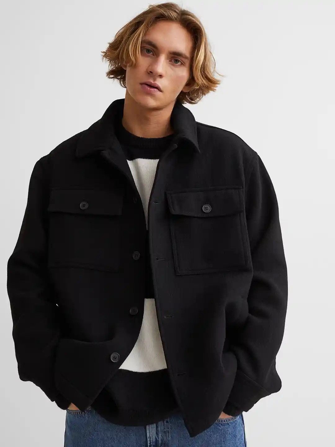 H&M H&M Men Black Solid Wool Blend Collar Jacket XL Size US XL / EU 56 / 4 - 2 Thumbnail