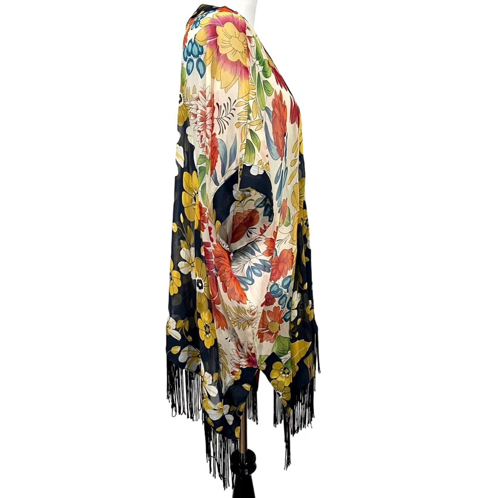 Steve Madden Steve Madden Kimono Cardigan Sheer Floral Butterfly Boho Festival Fringe O/S Women's One Size Multicolor Pattern Florals Cover Up Size ONE SIZE - 7 Thumbnail