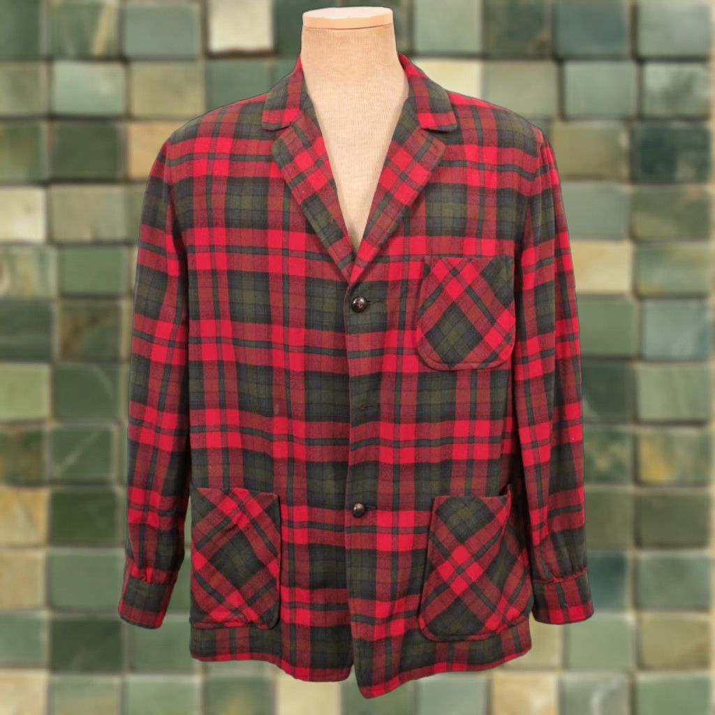 Pendleton VINTAGE Pendleton Blazer / Jacket Mens 1960s 1970s Plaid Wool Red Green M 60s 70s Size 40R - 1 Thumbnail