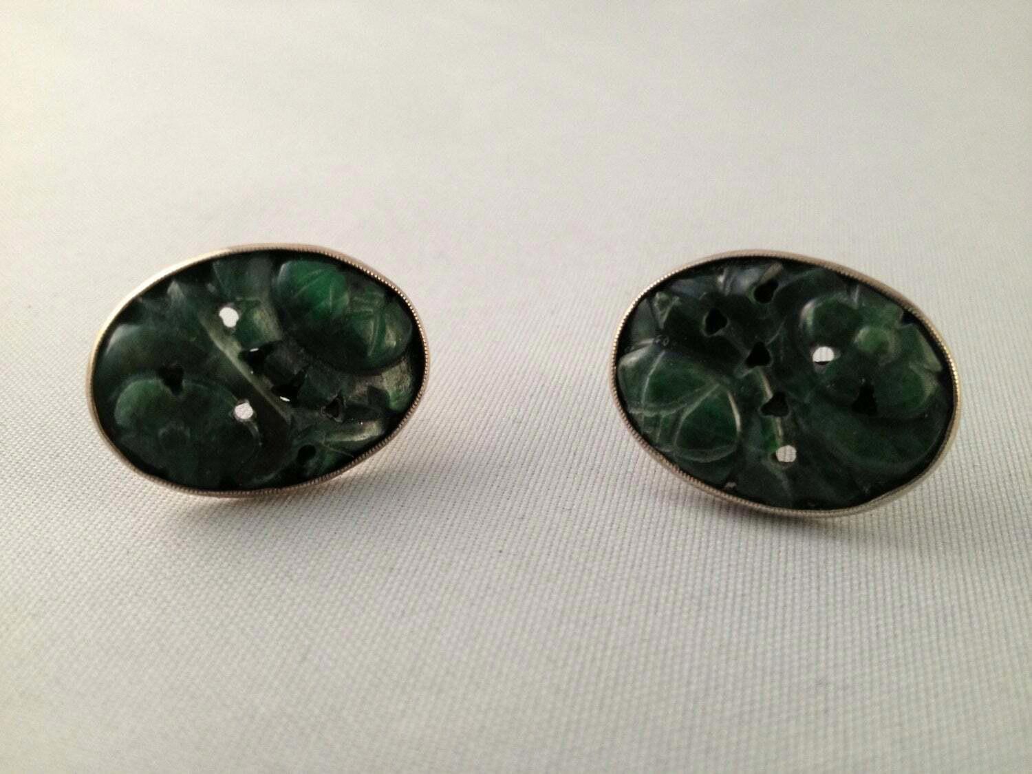 Designer Sterling Oval Chinese Carved Jade Earrings Alberto Juan Size ONE SIZE - 1 Thumbnail