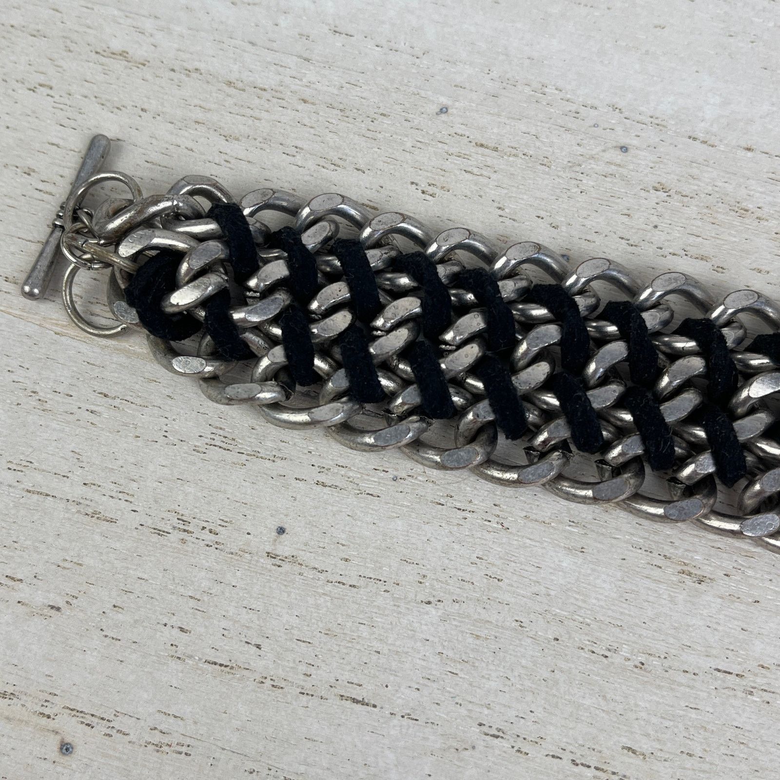 Other Silver Tone Chain Link Bracelet Black Braided Faux Leather Size ONE SIZE - 7 Thumbnail