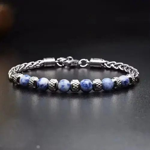 Handmade 6mm Blue Stone Beads Stainless Steel Bracelet Size ONE SIZE - 4 Thumbnail