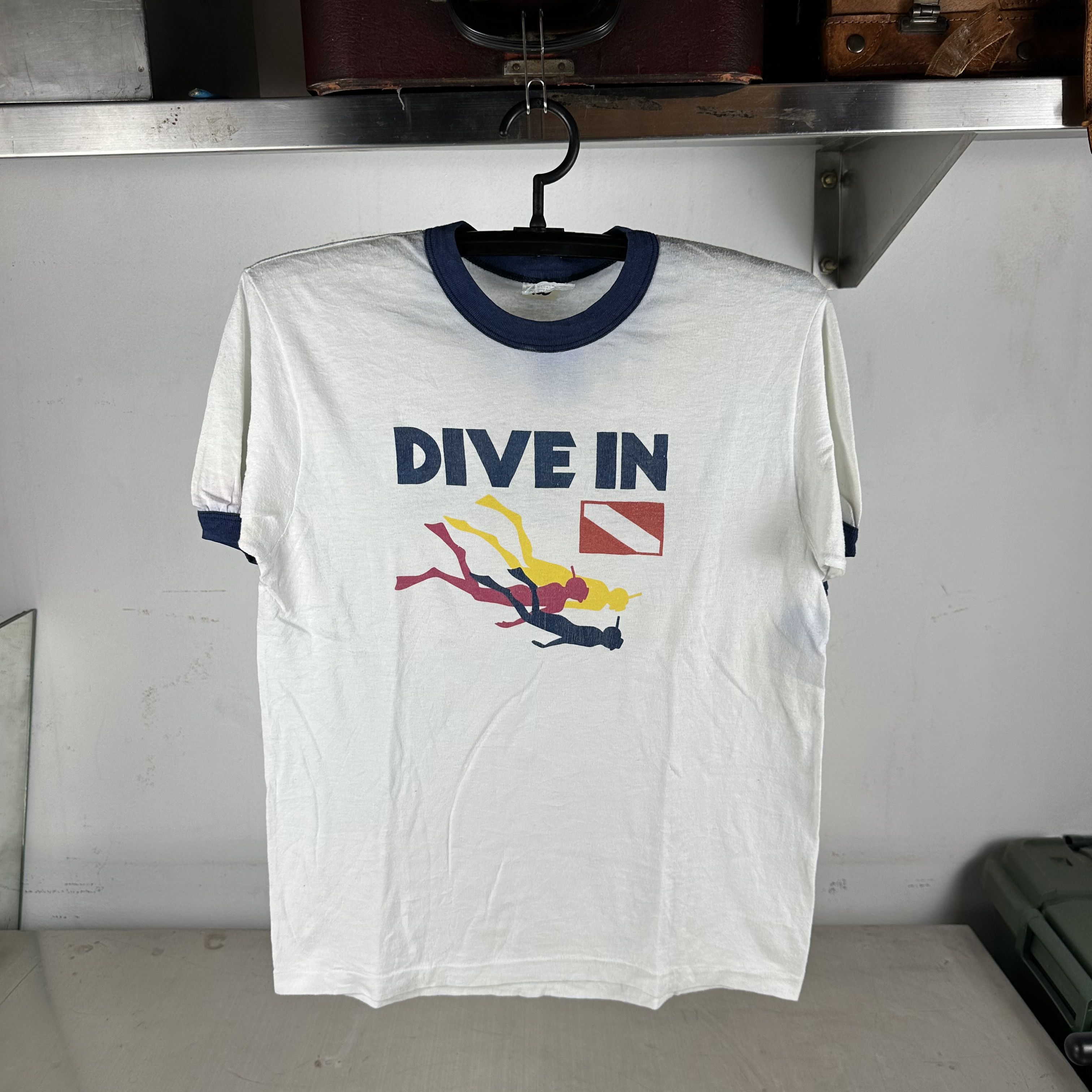 Vintage Vintage 80s Dive In Graphic Single Stitch Ringer T-Shirt Size US M / EU 48-50 / 2 - 1 Thumbnail