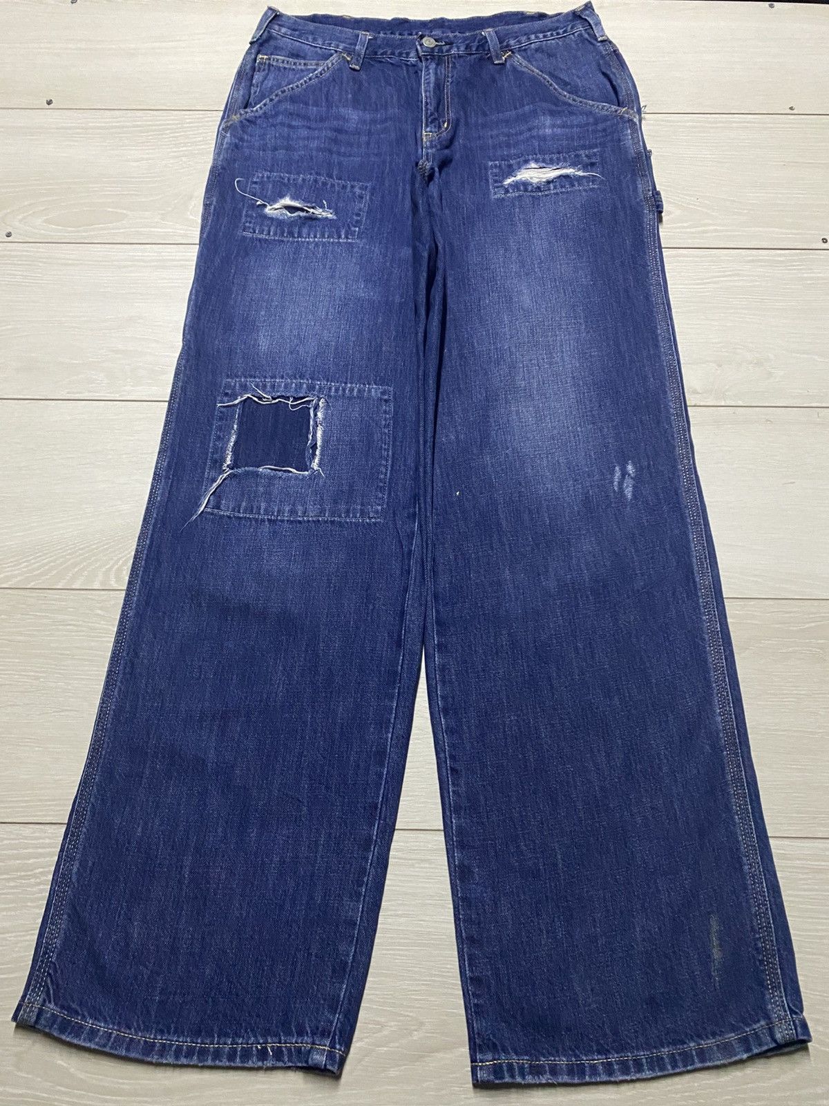Japanese Brand Vintage Edwin Blue Wash Patches Distressed Super Baggy Jeans Size US 31 - 1 Thumbnail