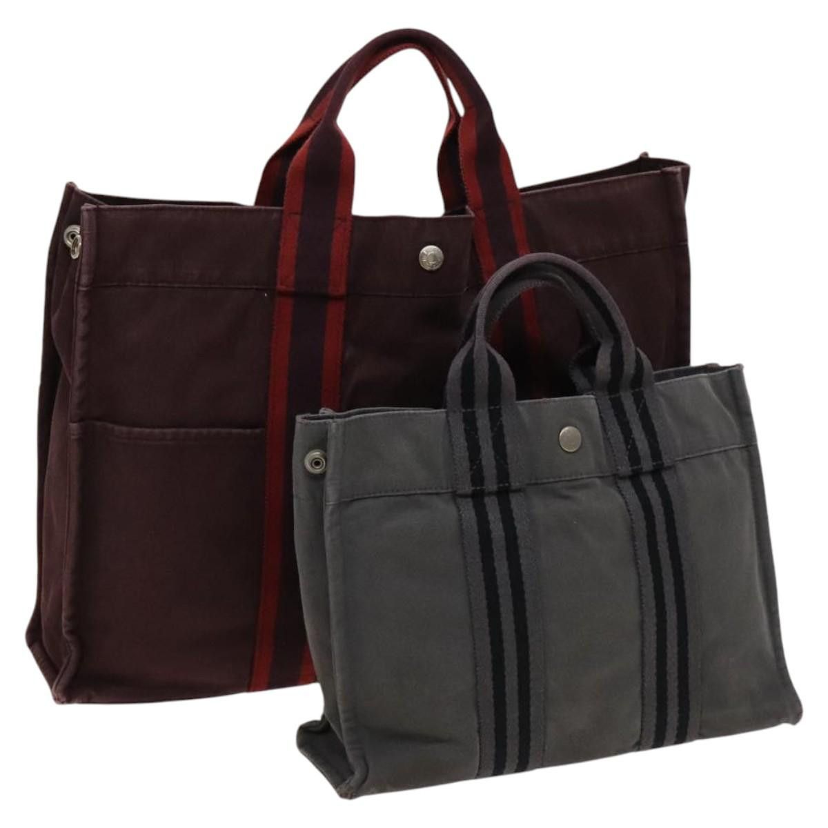 Hermes Fourre Tout Tote Bag Canvas 2Set Gray Red Auth Bs25078, Women's