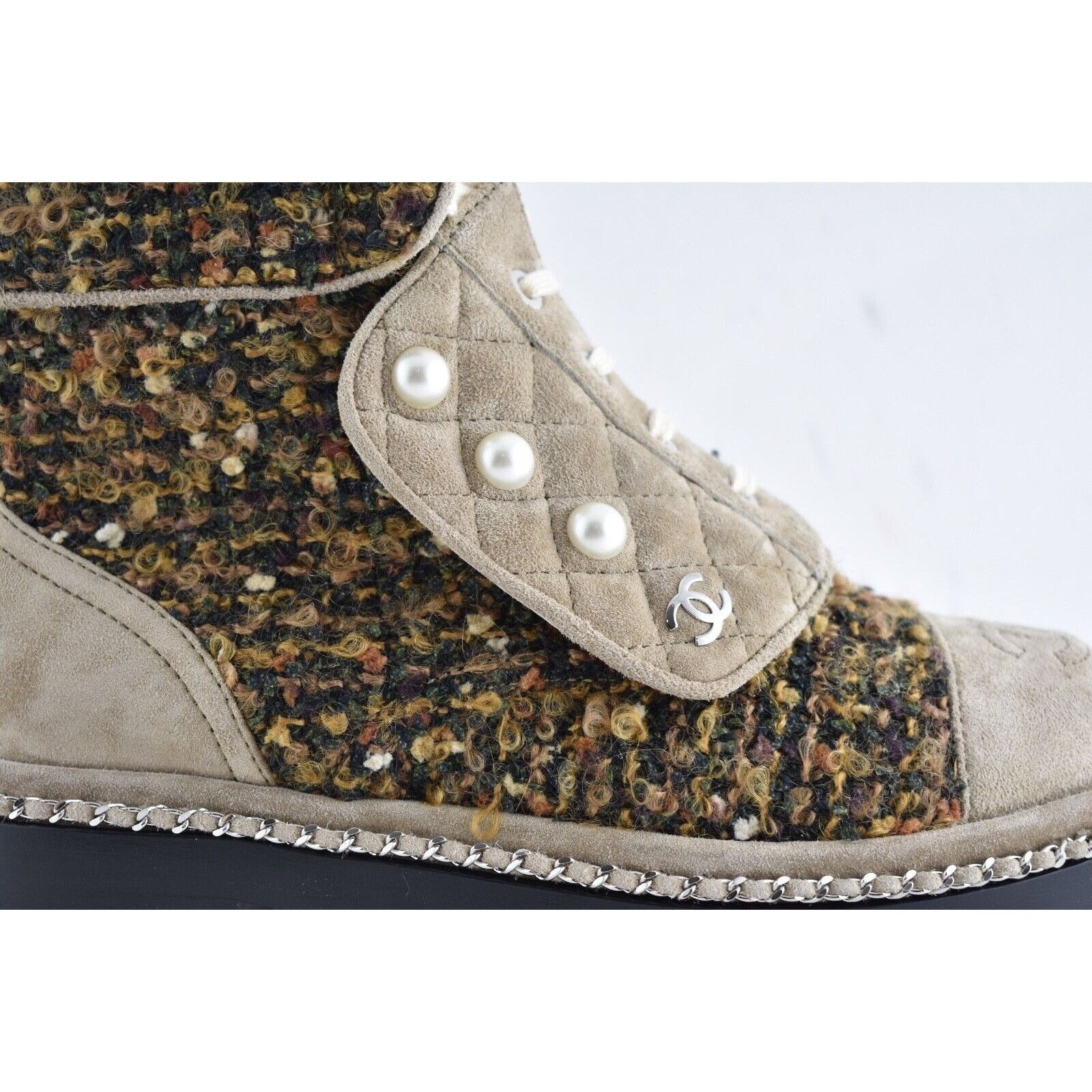 Chanel Chanel 18K Citizen Brown Beige Green Tweed CC Chain Pearl Size US 4.5 / IT 34.5 - 5 Thumbnail