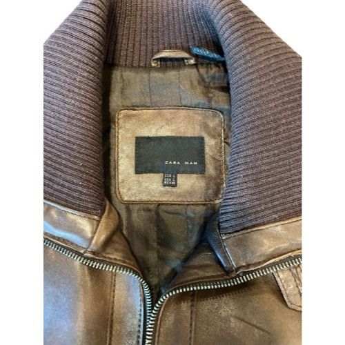 Zara Zara Man Brown Leather Jacket With Ribbed Collar & Quilted L Size L / US 10 / IT 46 - 2 Thumbnail