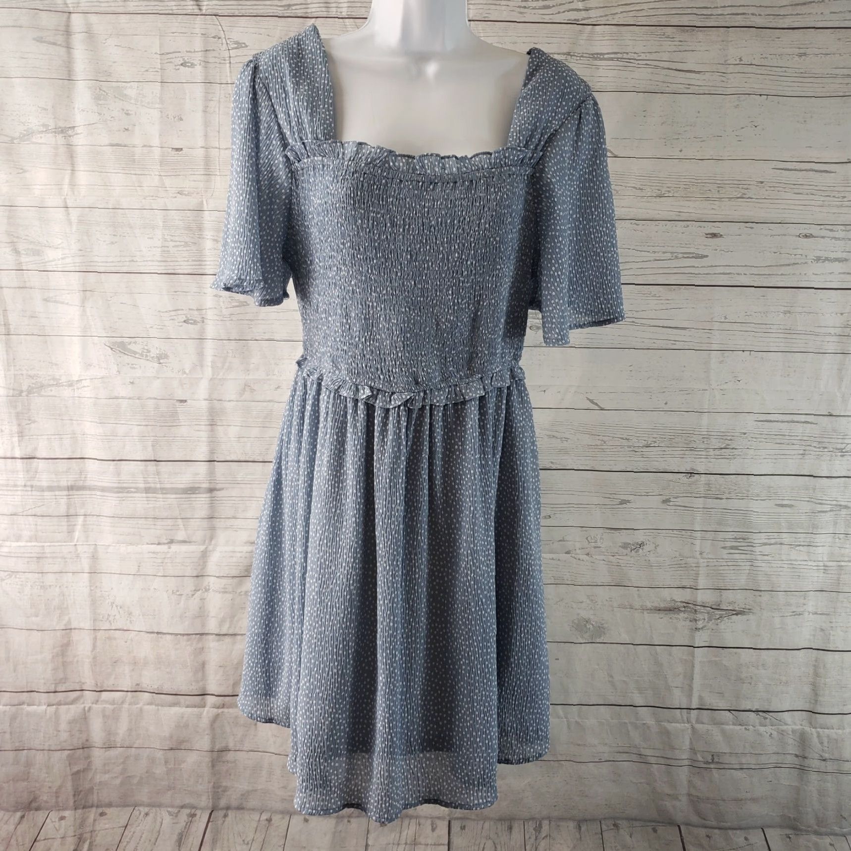 Vintage Loveriche Womens Dress Sz Medium Blue White Polka Dot Smocked Dress Short Sleeve Square Neck Pullover Fit & Flare Regular Size M / US 6-8 / IT 42-44 - 2 Thumbnail
