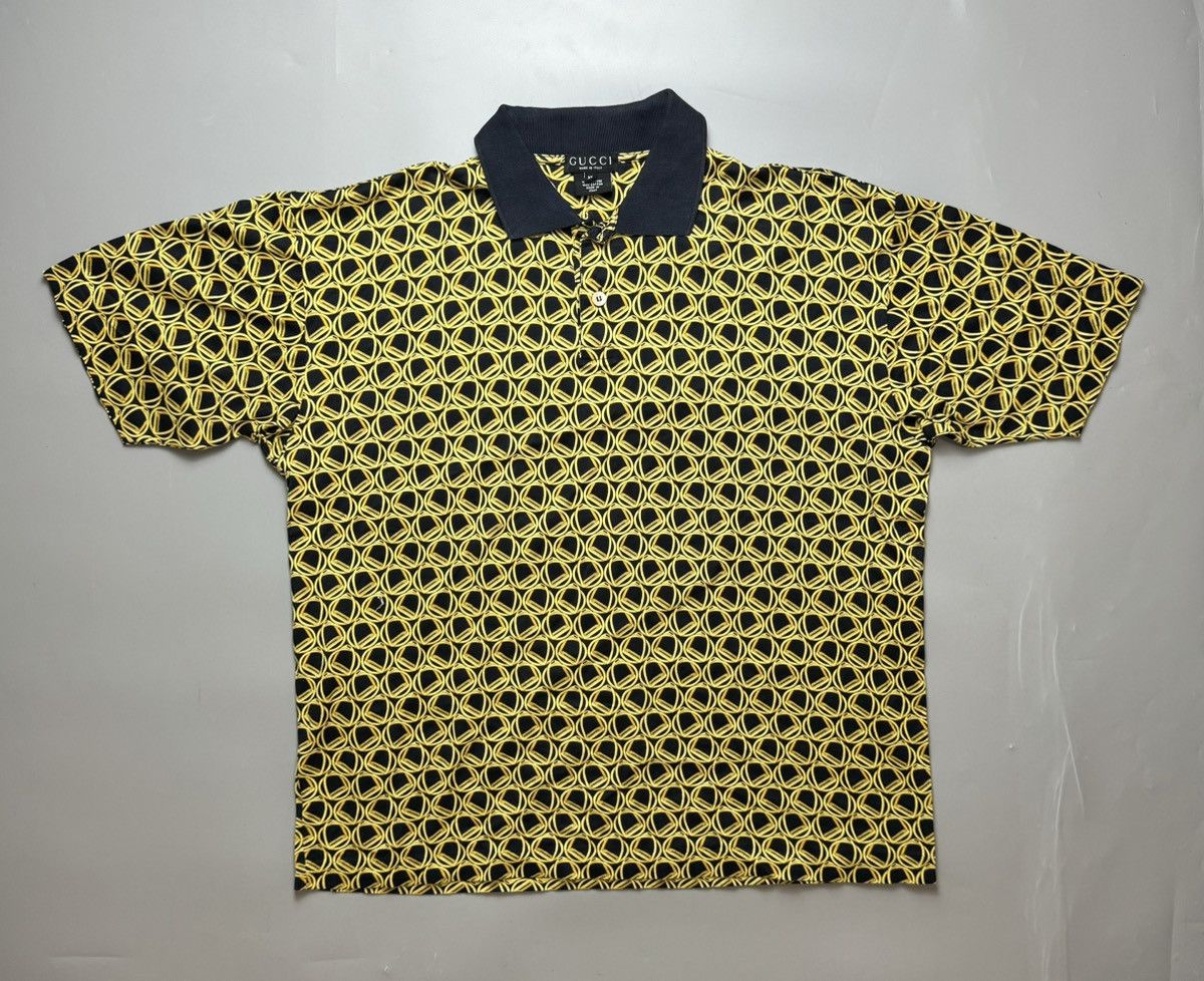 Image of Gucci Polo Shirt Vintage Overprinted Y2K Texture Hologram in Black Gold, Men's (Size XL)