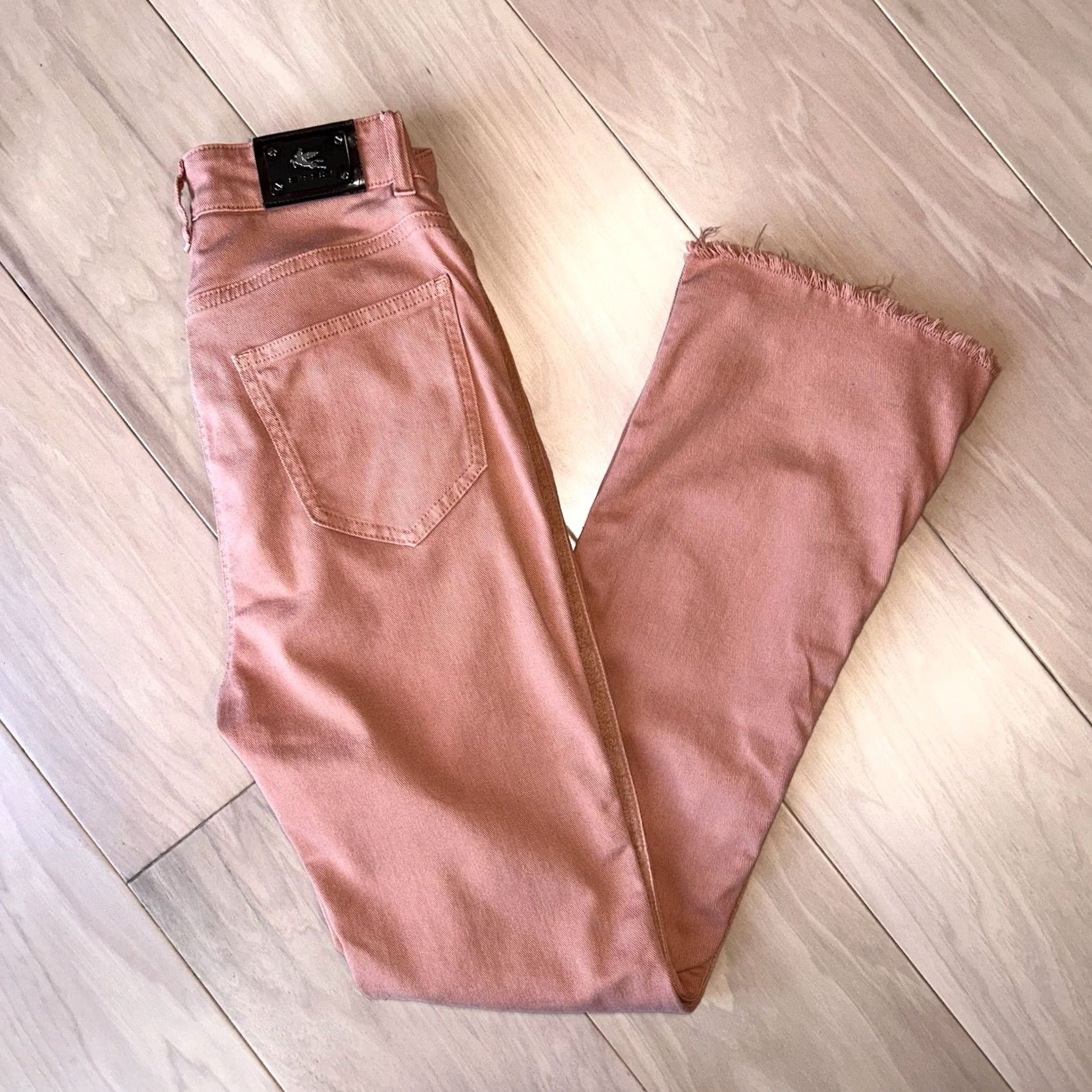Etro ETRO Milano Jeans Flared Cotton Denim Pink 27x28 Womens Regular 5-Pocket Embroidered Zipper Button Raw Hem Stretch Bohemian Urban City Designer Size 27" / US 4 / IT 40 - 2 Thumbnail