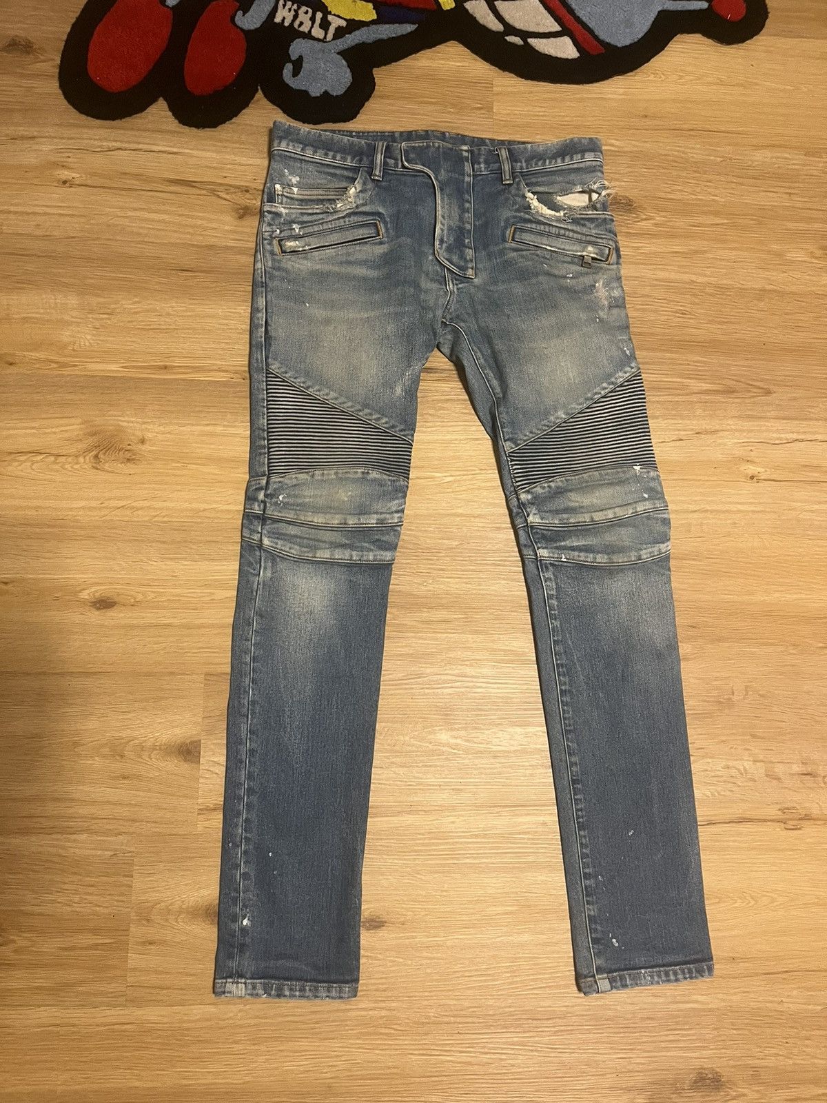 Balmain Sample 1/1 FW14 Distressed Painted Biker Denim Jean