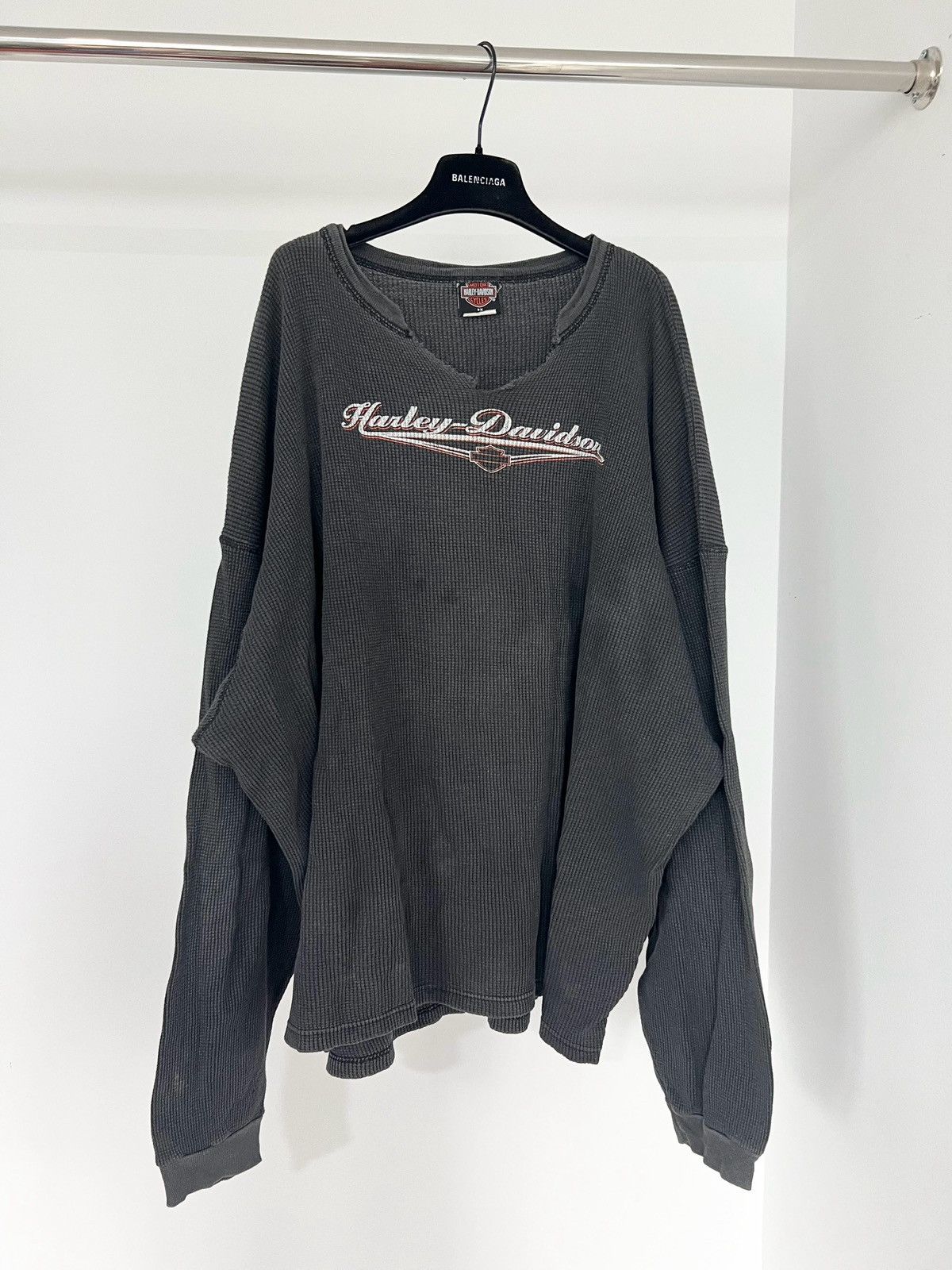 image of Vintage Harley Davidson Thrashed Faded Thermal Sweater in Black, Men's (Size 2XL)