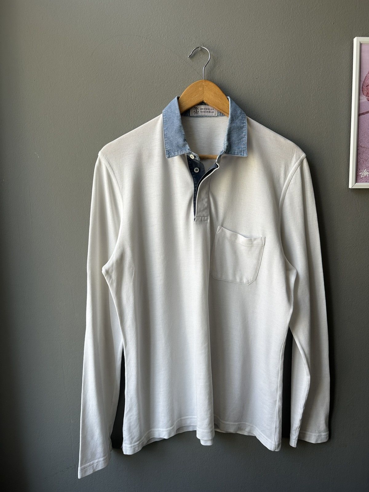 image of Brunello Cucinelli Polo Long Sleeve Denim Cottone Shirt in White, Men's (Size Medium)