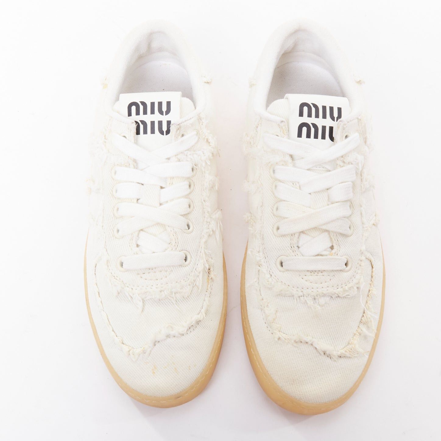 Miu Miu MIU MIU Denim beige raw cut frayed canvas skateboard sneakers EU37 Size US 7 / IT 37 - 1 Thumbnail