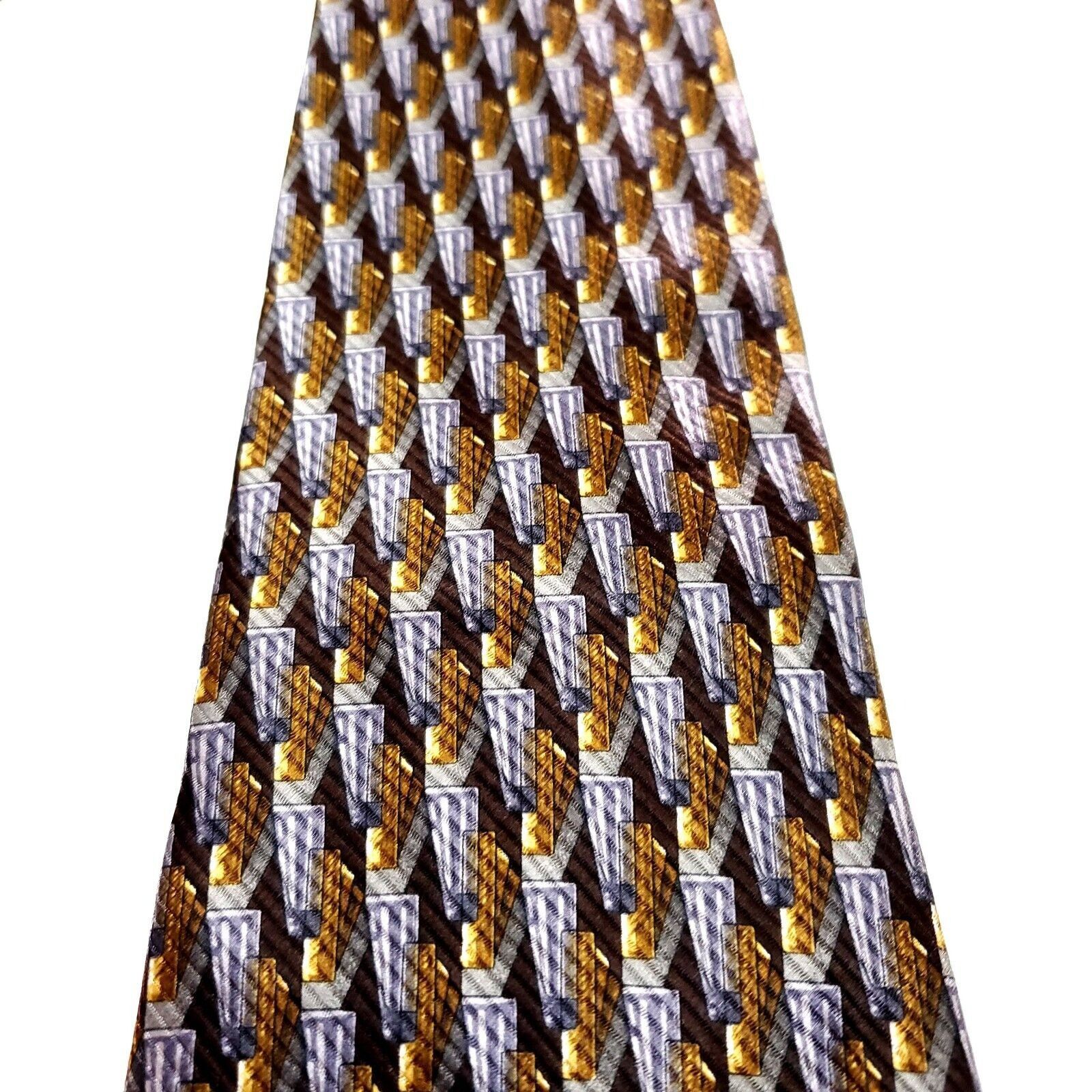 Valentino Valentino Grey & Gold Silk Tie Woven Short Wide Motif Satin Size ONE SIZE - 2 Thumbnail