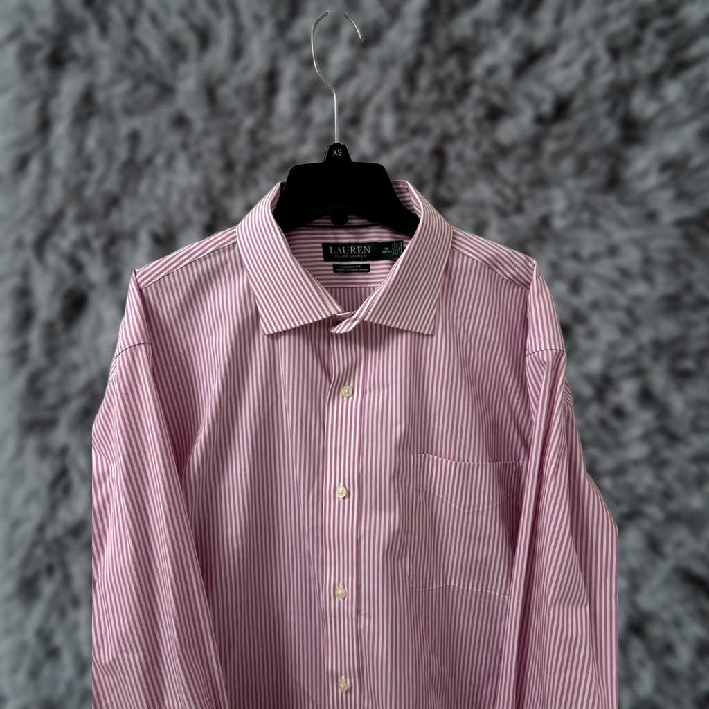 Ralph Lauren Lauren Ralph Lauren Shirt Men 18 Pink White Striped Classic Fit Stretch Non Iron Dress Shirt Button-Down Collar Mens Size US XXL / EU 58 / 5 - 1 Thumbnail
