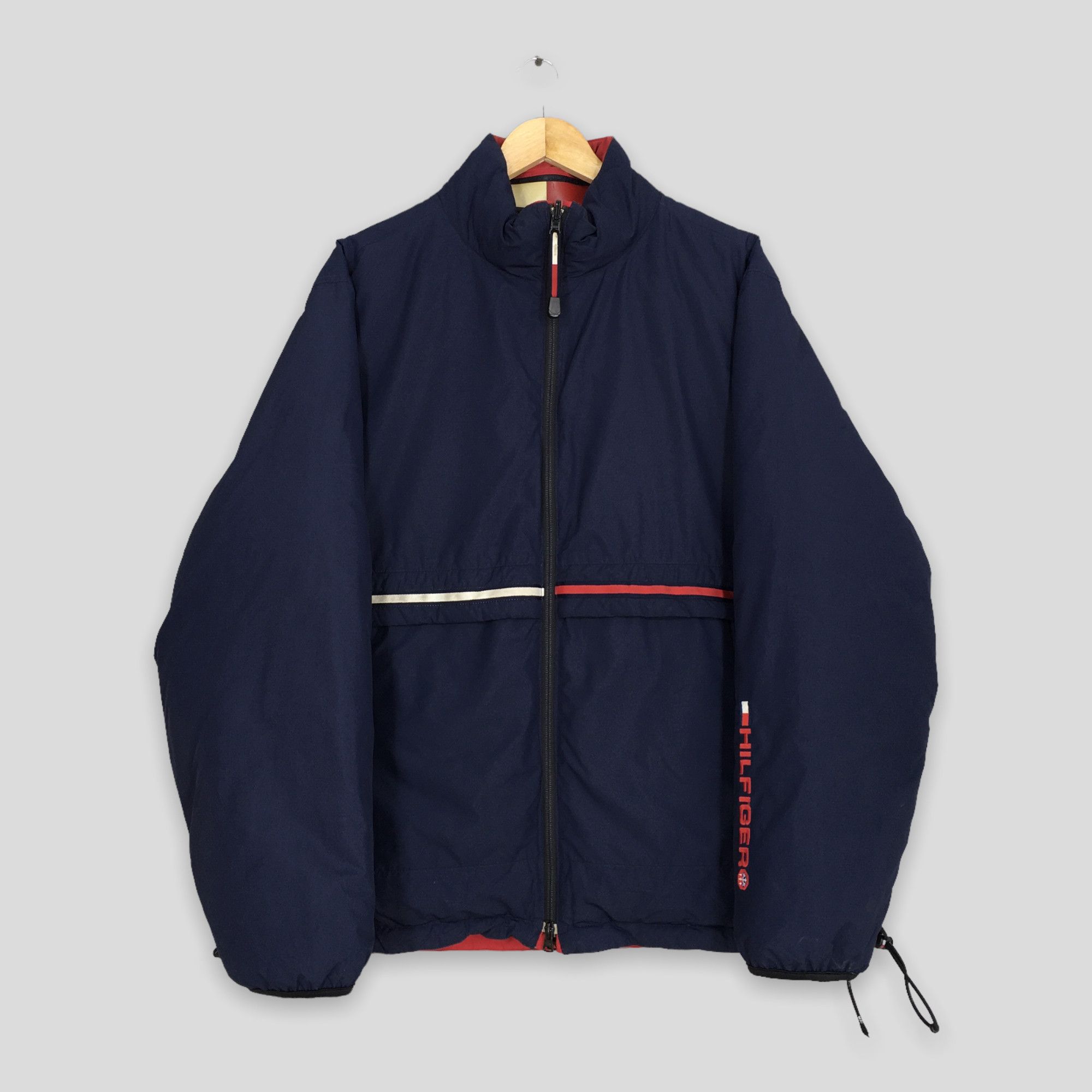 image of Bomber Jacket x Tommy Hilfiger Puffer Goose Winter Jacket Warmer Large in Blue/Red, Men's