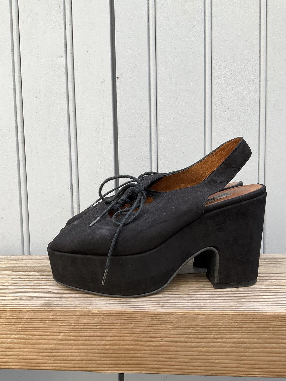 Vintage Brown leather retro-style wedge sandals by Janie Philip Size US 7 / IT 37 - 1 Thumbnail