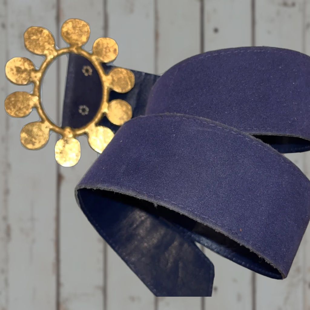 Velvet VINTAGE blue Velvet BELT 34”long Wide 2” Buckle Copper Disc LOOP Golden Circle Buckle Navy Blue Velvet Feel Adjustable Women Size ONE SIZE - 1 Thumbnail