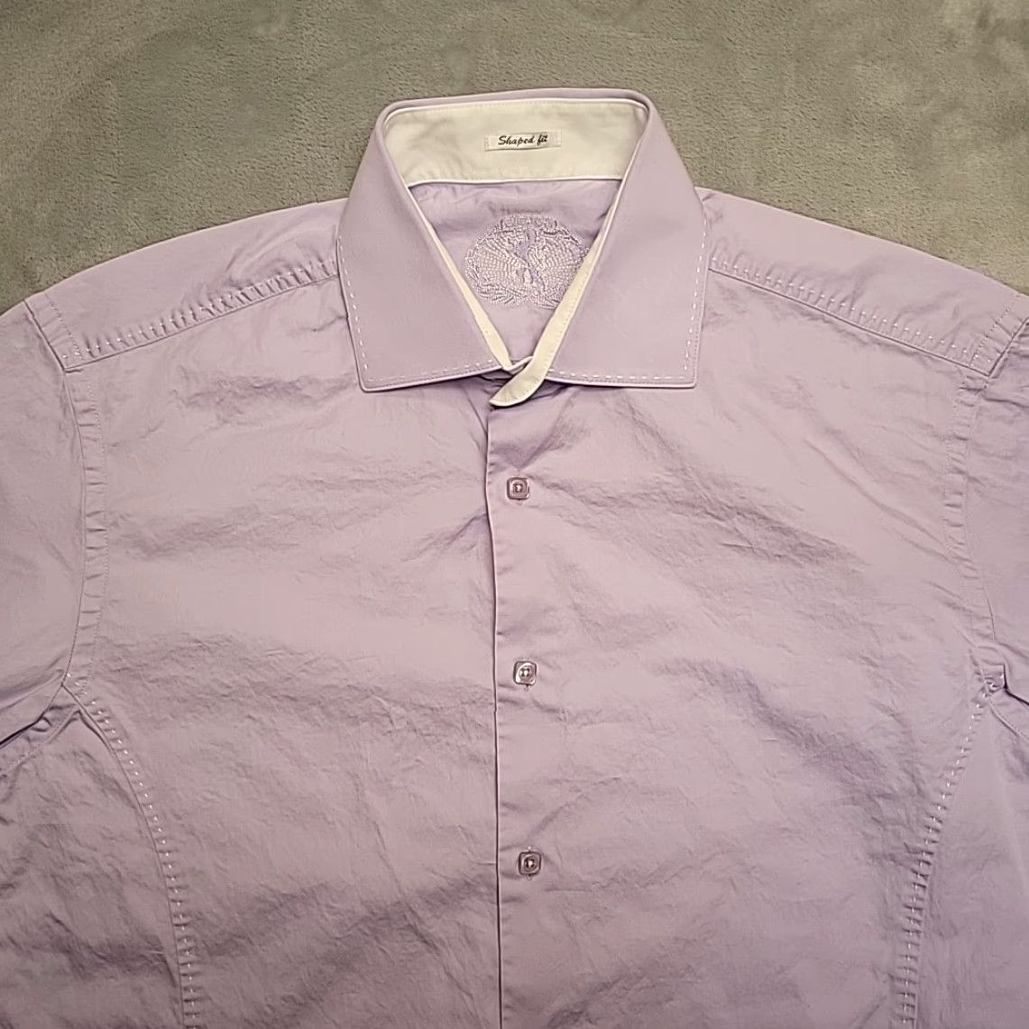 BUGATCHI Bugatchi Shirt Men L Lavender Shaped Fit Embroidered Logo Button Up Dress Cotton Size 42R - 3 Thumbnail