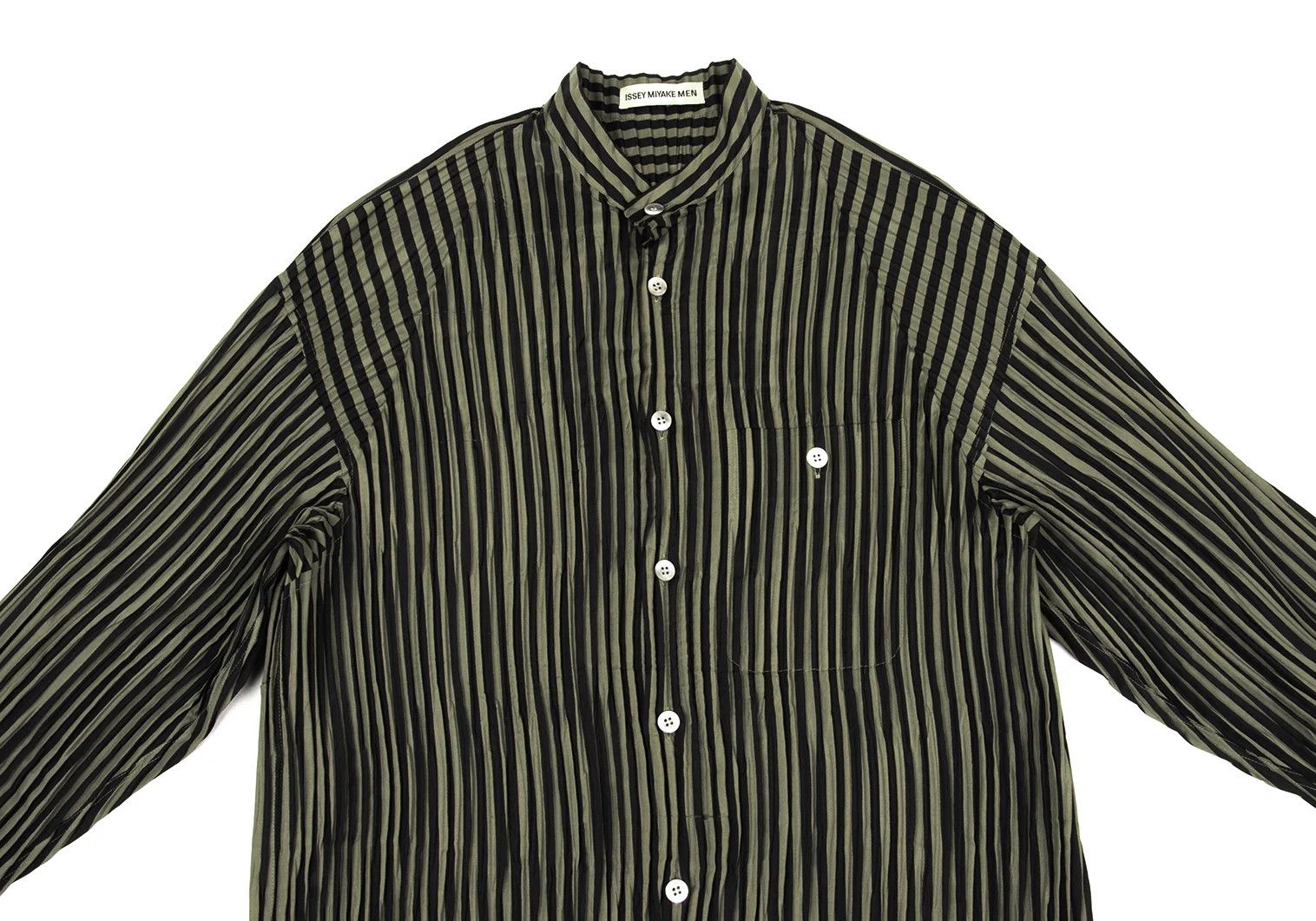 Issey Miyake Pleated Stripe Band Collar Shirt in Black Khaki M Size US M / EU 48-50 / 2 - 2 Thumbnail