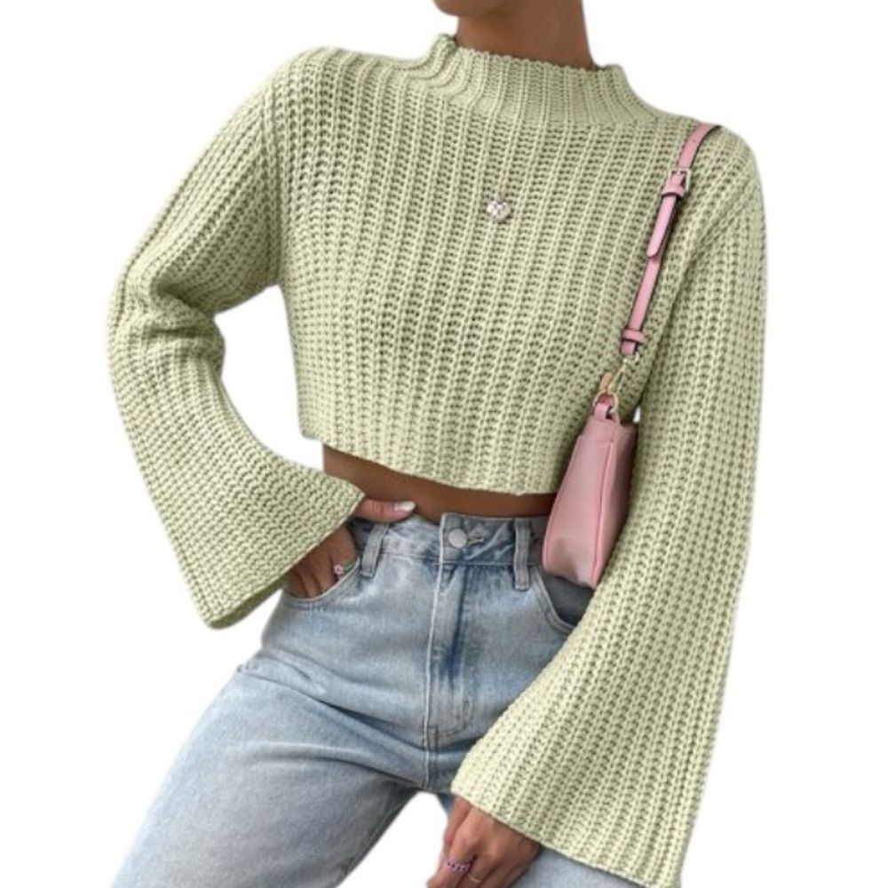 Shein SHEIN Mint Green Cropped Sweater | Mock Neck | Flared Sleeve Size M / US 6-8 / IT 42-44 - 2 Thumbnail