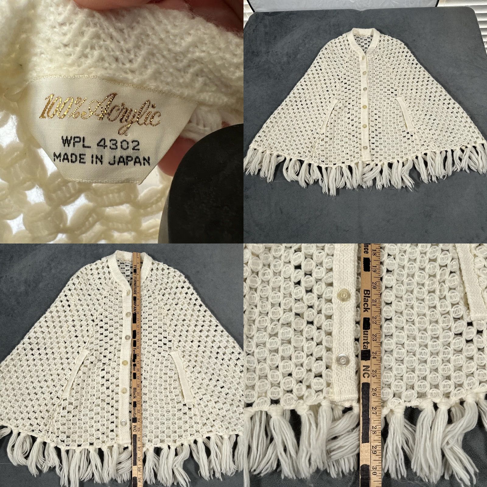 Vintage Vintage Ivory Fringe Open Knit 70s Womens One Size Crochet Cape Poncho Size ONE SIZE - 8 Thumbnail