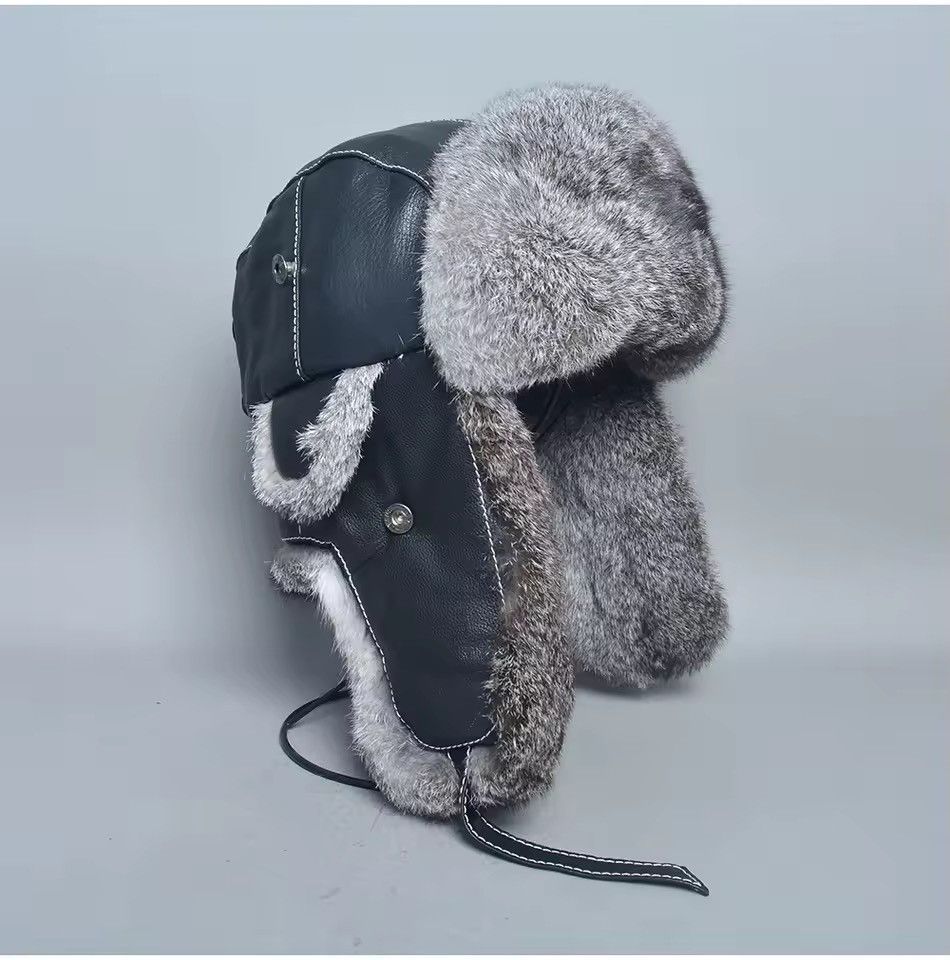 Genuine Leather Genuine Natural Rabbit Fur Leather Trapper Winter Hat Size ONE SIZE - 4 Thumbnail