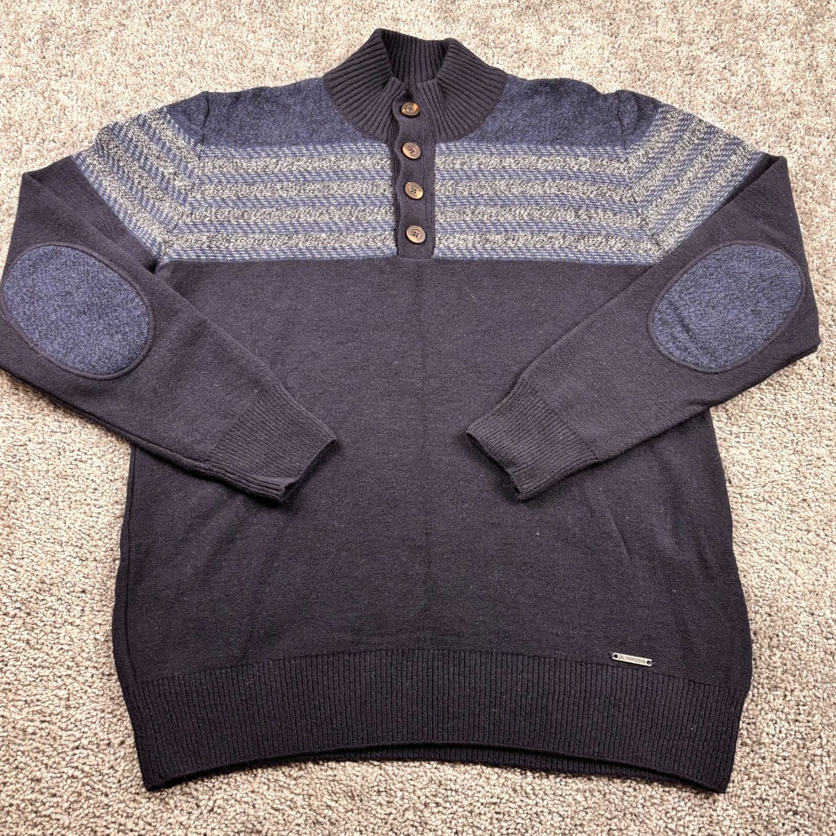 La Martina La Martina Sweater Men L Navy Wool Blend Elbow Patches Henley Button Long Sleeve V-Neck Knit Logo Zipper Shirt Mens Size US L / EU 52-54 / 3 - 2 Thumbnail